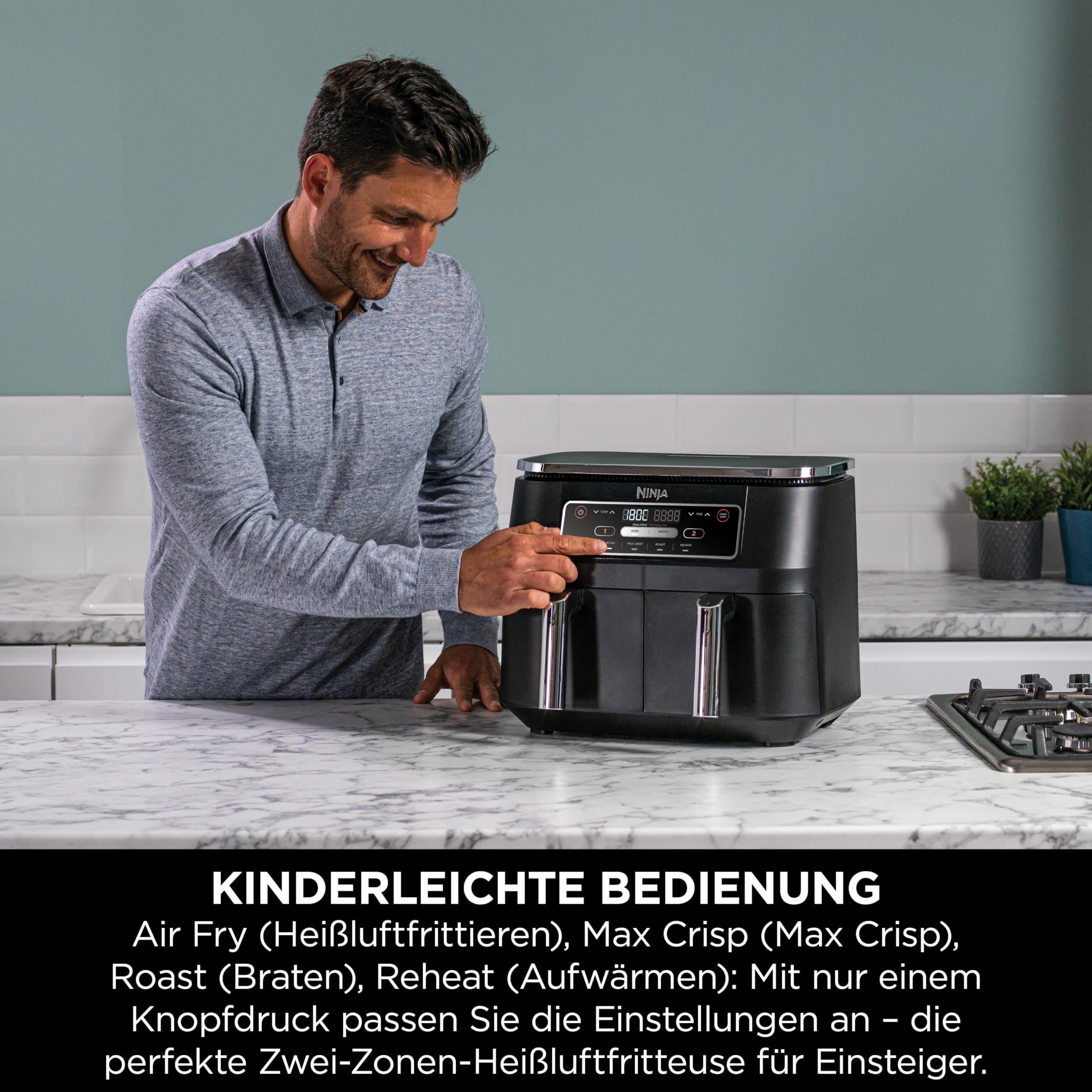 Ninja Foodi Dual Zone Airfryer Heißluftfritteuse, 2 Fächer, 7,6 l, 4-in-1, ohne Öl, Heißluftfrittieren, Max Crisp, Braten, Aufwärmen, antihaft, spülmaschinenfester Korb & Knusperblech, Schwarz AF200EU