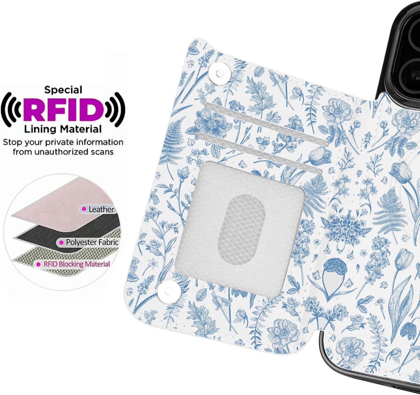 uCOLOR for iPhone 17 Pro Max Wallet Case Magsafe with Card Holder Slot【Compatible with MagSafe】 Folio Flip PU Leather Magnetic RFID Design with Camera Lens Protector 6.9” (Blue Toile Flowers)