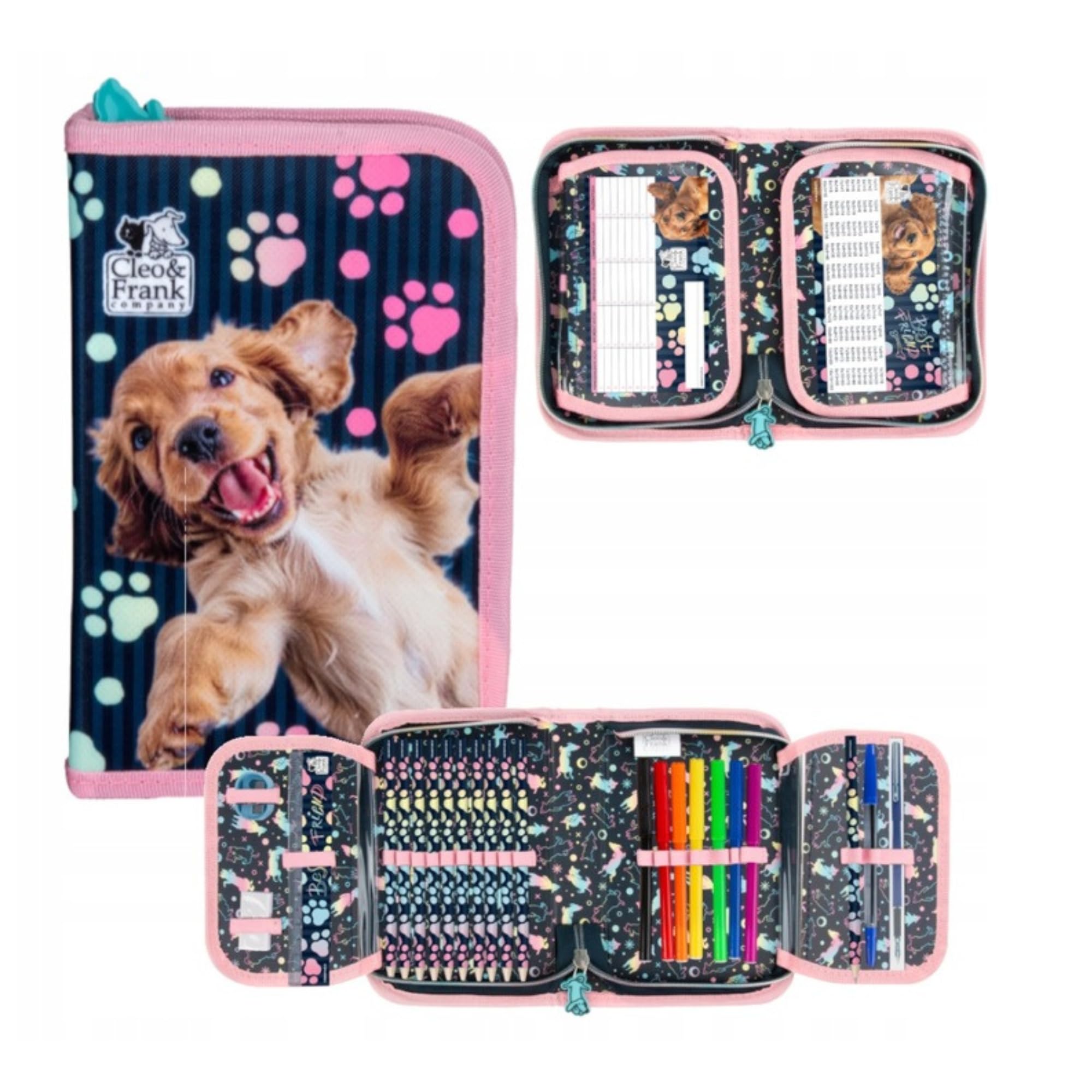 Goldkids - Schulranzen für Jungen und Mädchen, 4er-Set - Schul-Rucksack für Kinder mit Federmäppchen - Schuhbeutel und Hausaufgabenheft - Hund Motiv - 1-3 Klasse