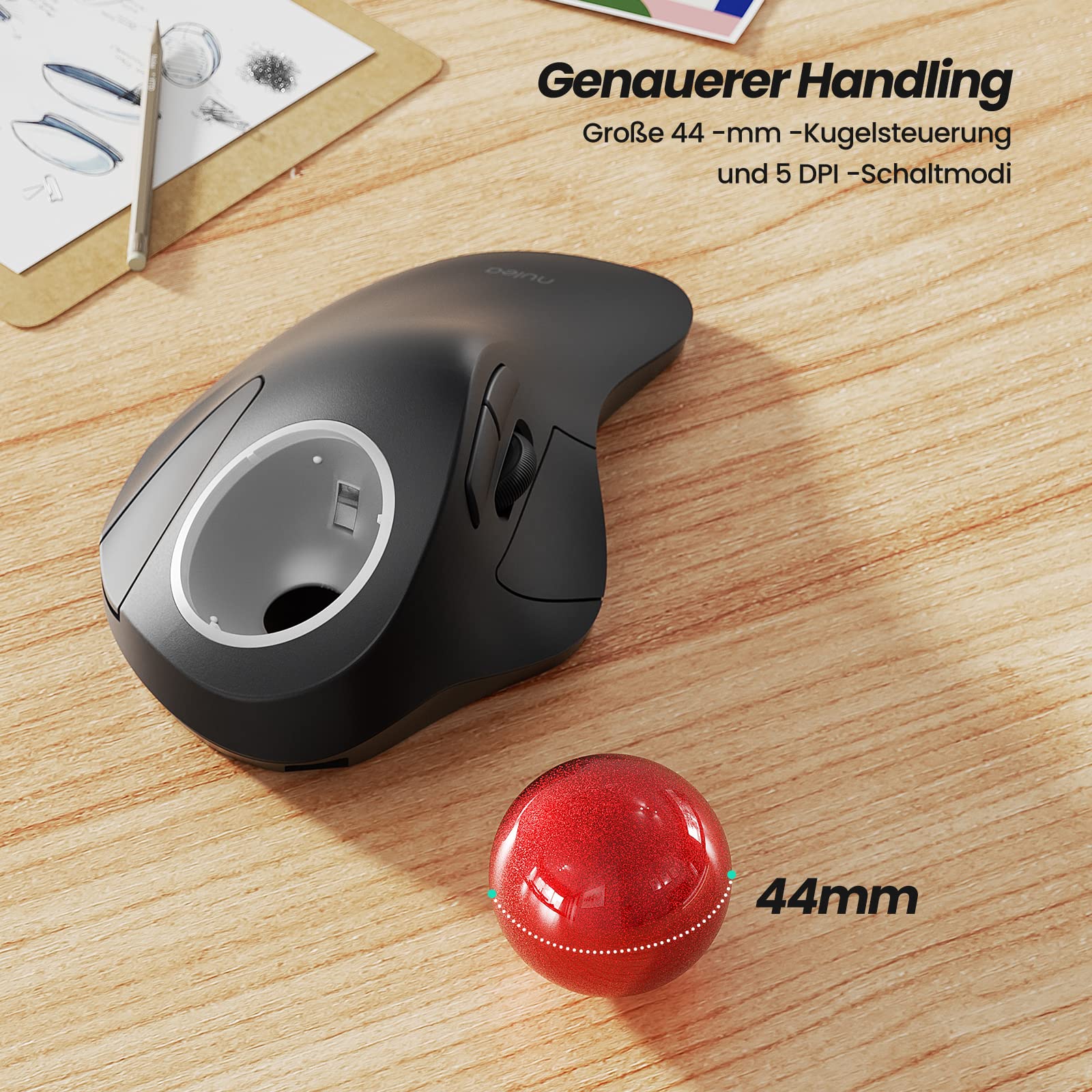 Nulea M505B Mouse Kabellose Trackball-Maus, wiederaufladbare ergonomische RGB-Rollerball-Maus, einfache Zeigefingersteuerung mit 5 einstellbaren DPI, 3 Geräteanschlüssen für PC, Laptop, iPad, Mac