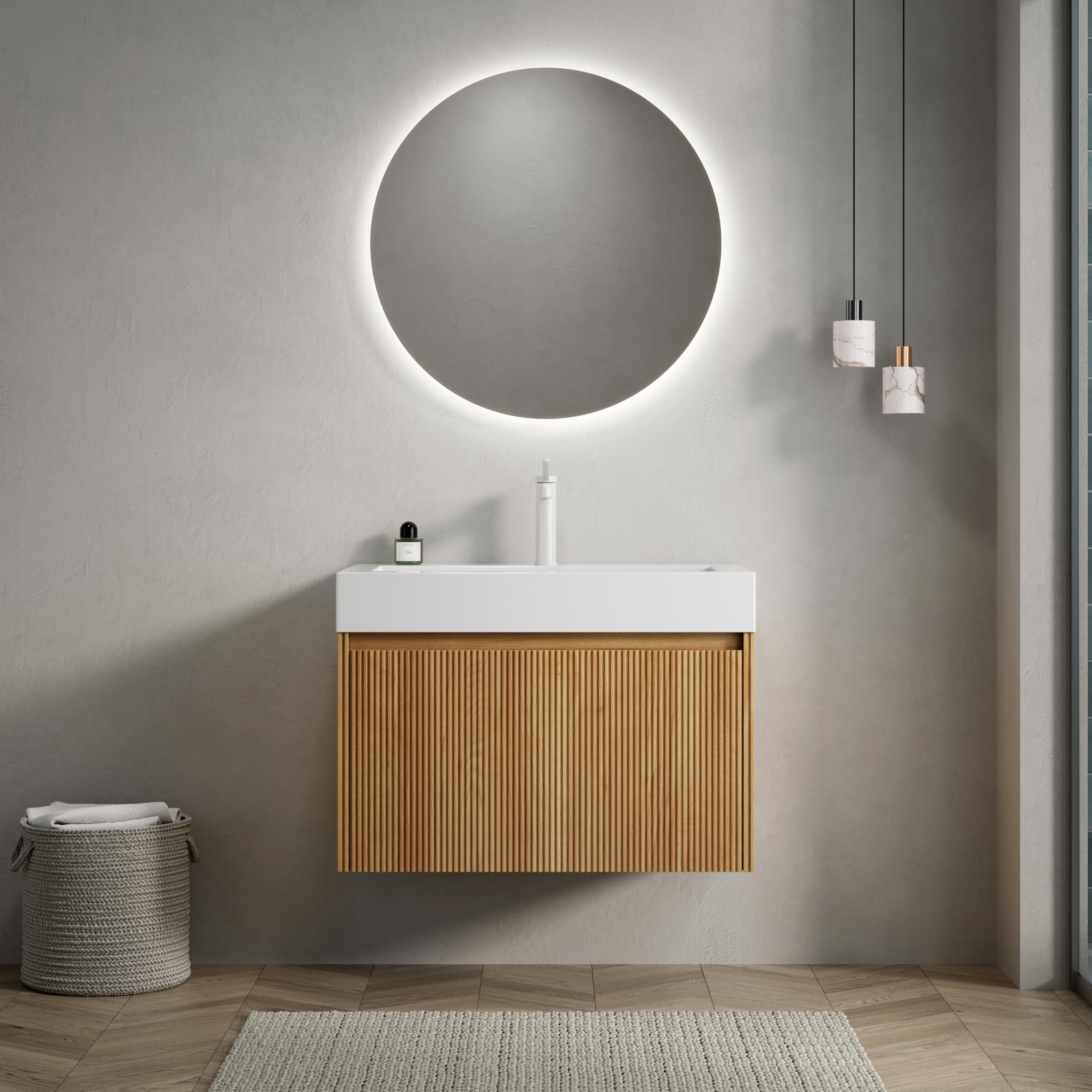 Szafka łazienkowa wisząca 70 cm z umywalką z odlewu mineralnego i oświetleniem LED, szafka pod umywalkę i szufladą Soft-Close, zestaw mebli łazienkowych z frontem z litego drewna, szafka ze