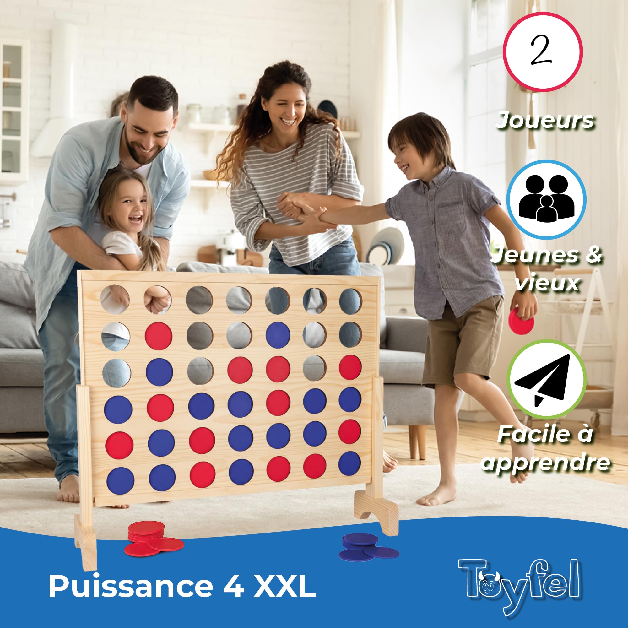 Toyfel Puissance 4 XXL Jeu de Societe Nature – Puissance 4 Geant en Bois certifié FSC® – Jeu Exterieur & Interieur – Jeu de stratégie pour Adultes & Enfants à partir de 4 Ans - Ace