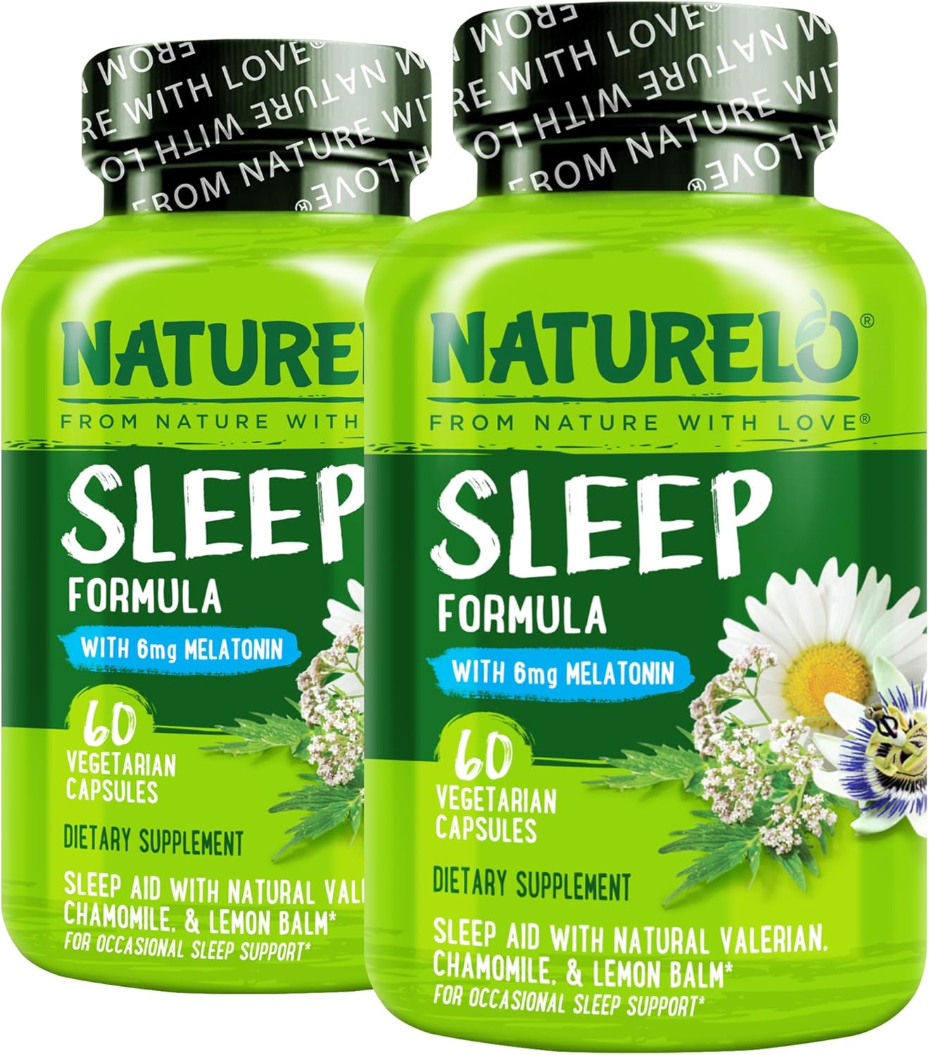 NATURELO Sleep Aid - with Melatonin, Magnesium, GABA, Valerian Root, Lemon Balm, Chamomile Herbal Extracts - Plant-Based Sleeping Aid - 60 Vegan Capsules