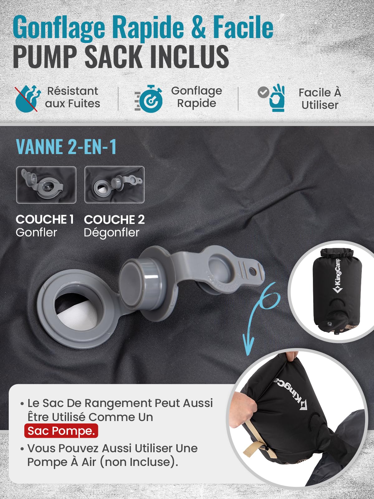KingCamp Matelas Camping Gonflable Mousse Mémoire 10cm, Confort, Robuste | Matelas Air, Silencieux, R-Value 4,9, Toute Saison, Compact, Léger, avec Sac-Pompe 2-en-1, pour Auto-Camping et Trekking