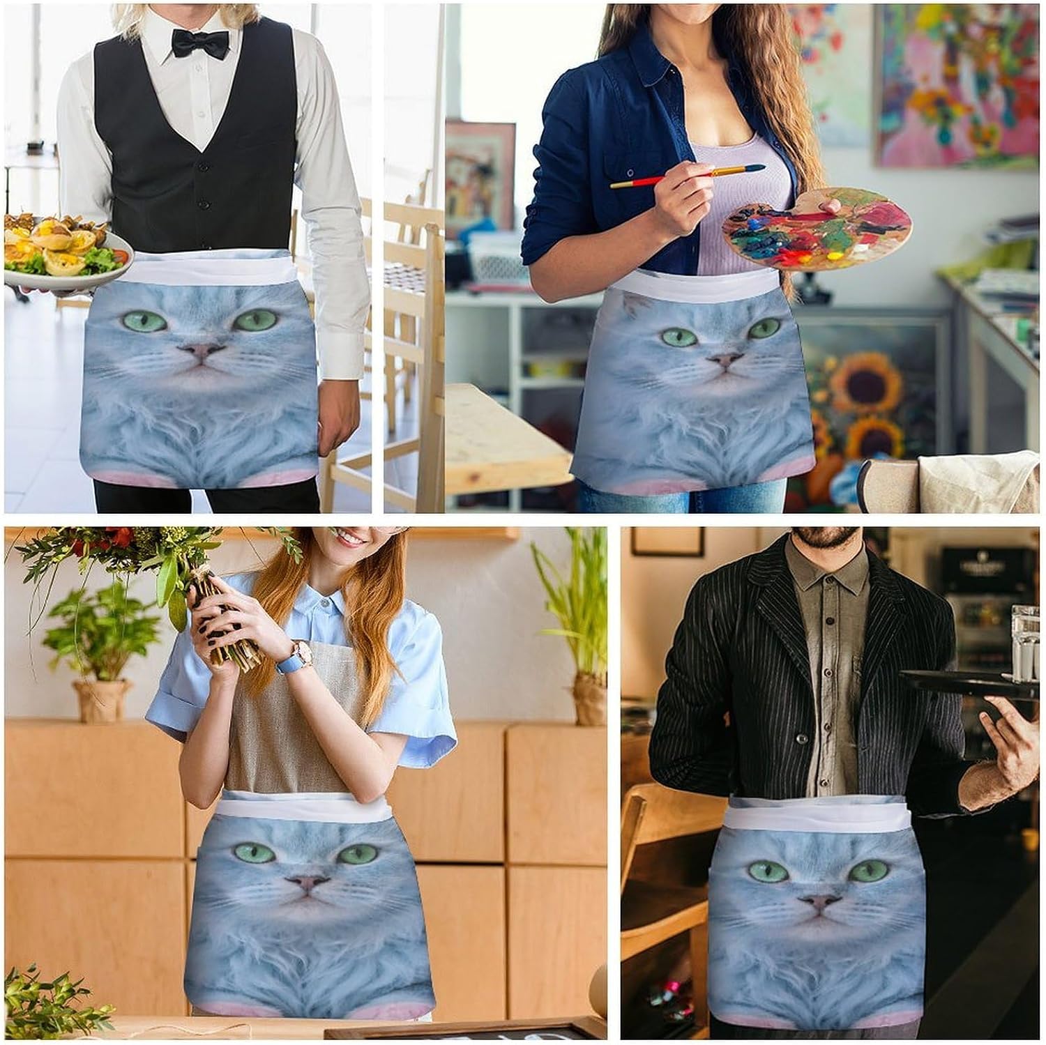 Blue Mist Spirit Apron Waterproof Chef Works Half Bistro Server Apron Adjustable Waist Half Apron With Pockets for Men Women Soft Cooking Apron