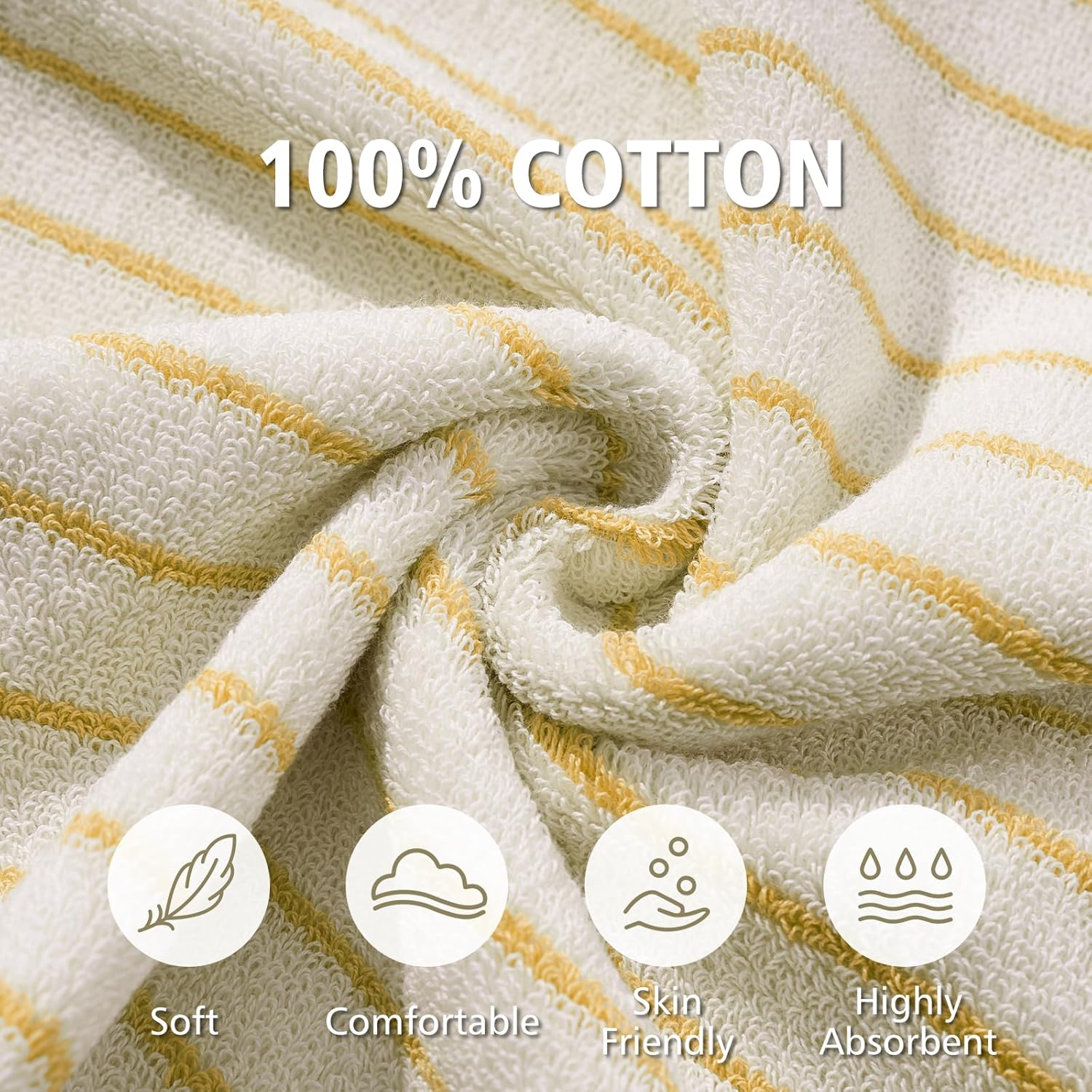 HEAVYWOOD Hand Towels Set of 4 Striped 100% Cotton Reversible, Soft & Absorbent Decorative Hand Towel for Bathroom Clearance (White/Yellow Stripe, 4Pack)