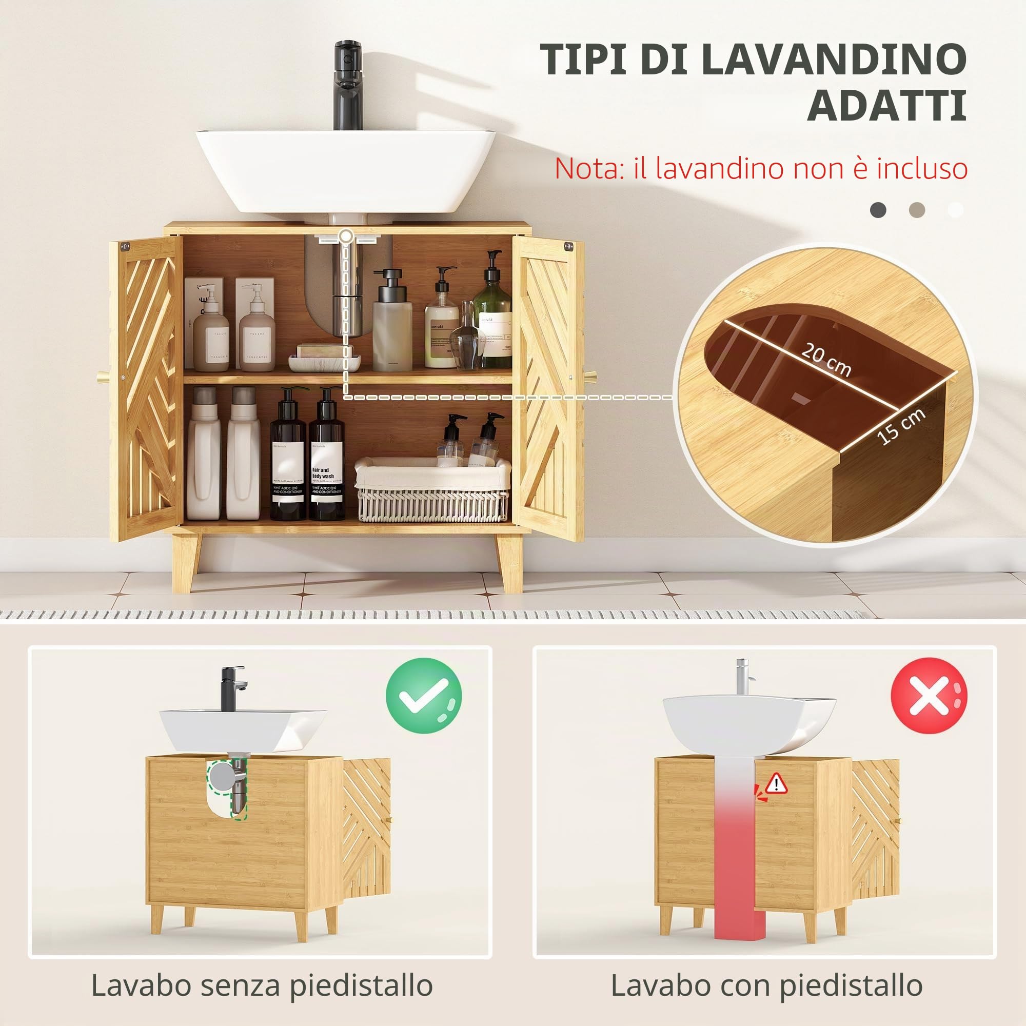 HOMCOM Mobiletto sottolavabo in bambù libero ante a lamelle naturale