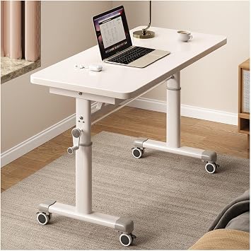 Manual Adjustable Desk Standing Desk Study Table Gaming Desks Movable Writing Table Computer Desks for Home, Office, Workstation; Multifunctional Bedside TableWhite,100cm/39.37in
