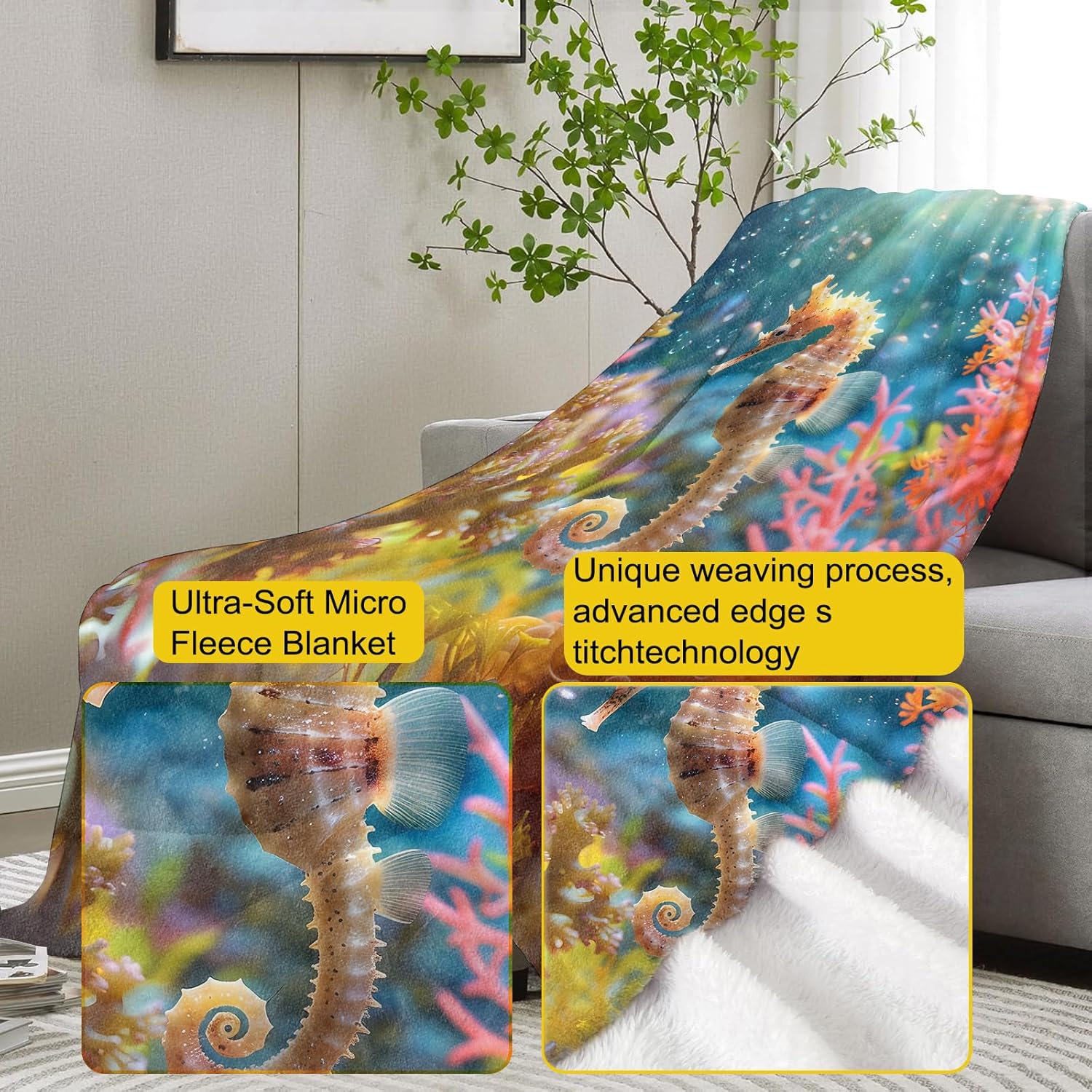 Seahorse Ocean Adventure Blanket Gifts for Women, Underwater Wildlife Theme Flannel Blanket, Soft Warm Lightweight Throw Blankets for Bedding Sofa Couch Home Travel Decor 50" x 60" - Image 3