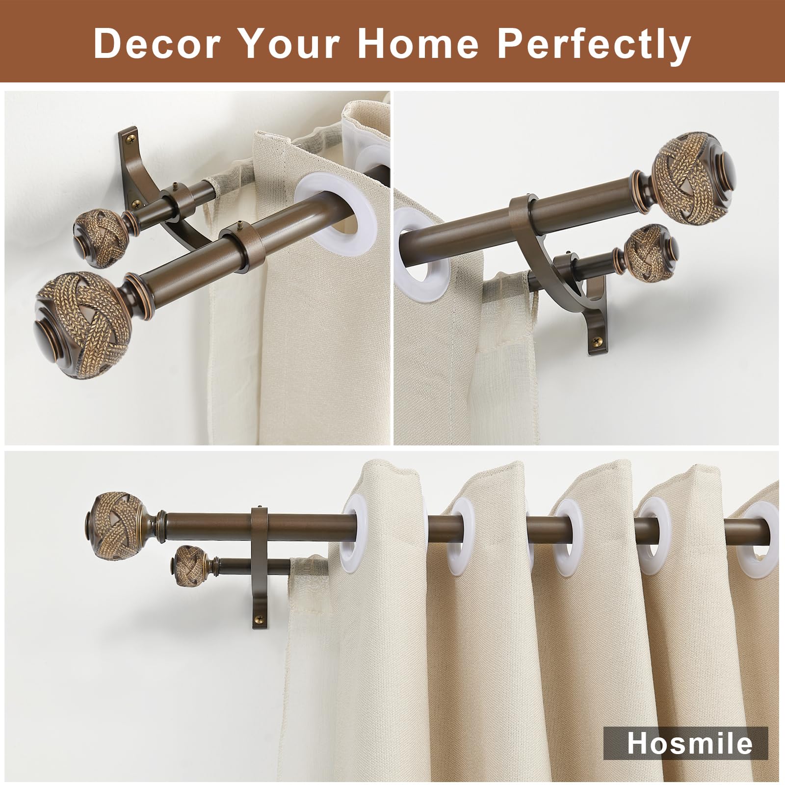Bastone per tende doppie per finestre 91-182 cm, bronzo antico doppio bastone per tende con terminali classici, resistente 2,5 cm anteriore e posteriore 1,5 cm bastone decorativo per tende doppie aste