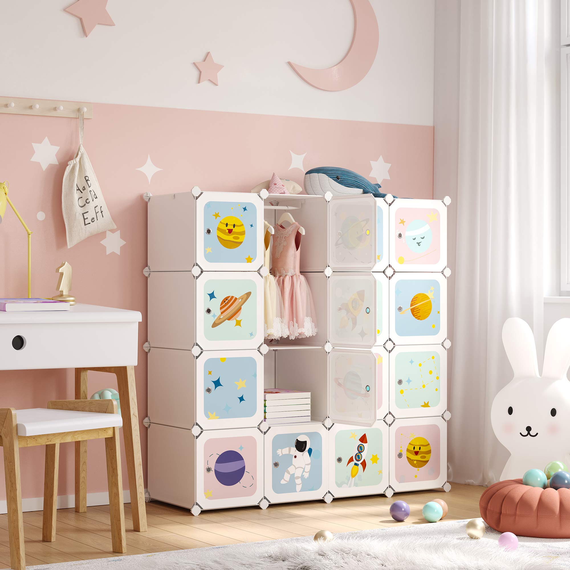 SONGMICS Kleiderschrank, DIY-Aufbewahrungsschrank, für hängende Kleidung, Aufbewahrung, für Kinder, mit 16 Würfeln, 4 Hängestangen, 123 x 41 x 123 cm, weiß LPC905W01