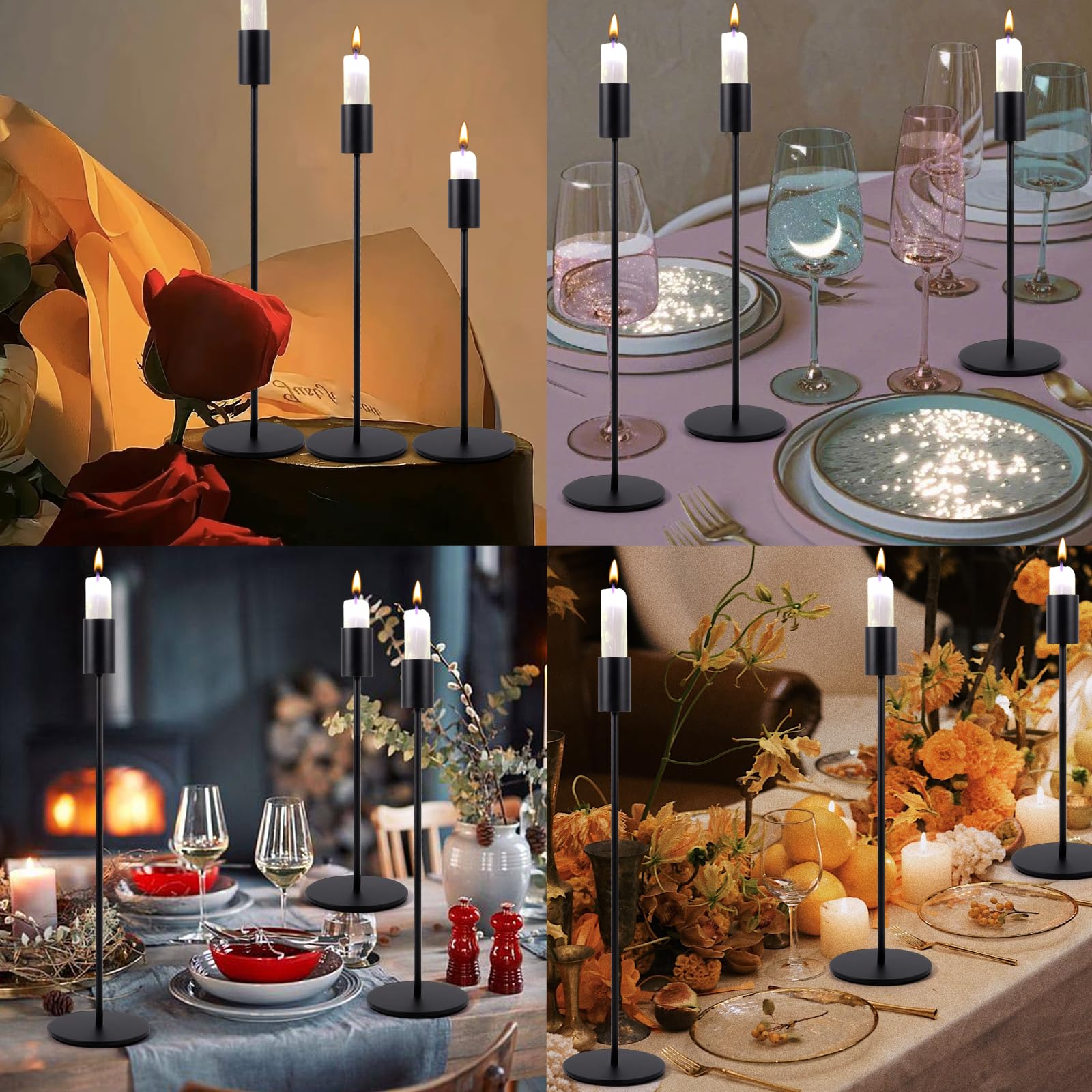 Candelabro Set di 3 Nero Portacandele di Diverse Dimensioni 21.7/27/32 cm per Candele Coniche da 2.2cm, Candeliere D'epoca, Camera da Letto Soggiorno Tavolo da Pranzo Decorazione Portacandele
