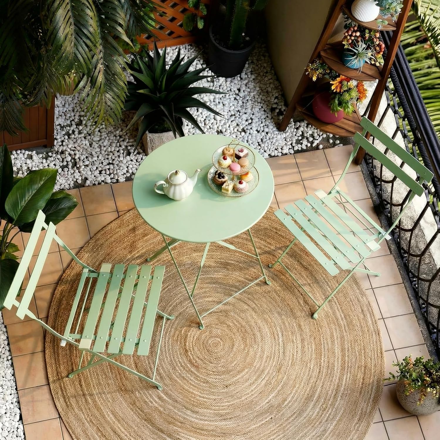 Bistro Table and Chairs set of 2, 3 Piece Folding Outdoor Patio Bistro Set with Comfortable Cushions, Weather-Resistant Stable Small Patio Furniture Set for Backyard Balcony Porch Coffee Shop, Green