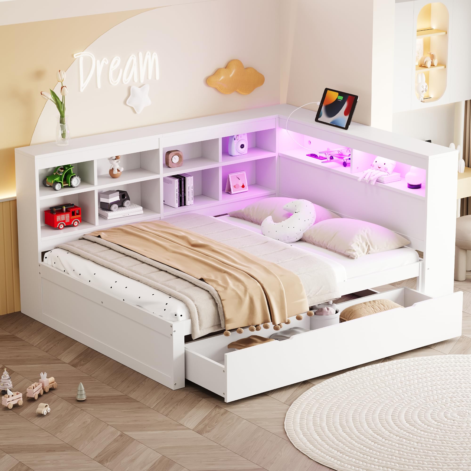 Kehun Doppelbet Sofabett 140x200 cm mit LED und USB Port, Schlafsofa Tagesbett mit Stauraum Schubladen und Ablagefach Kopfteil, Holzbett Bett mit Lattenrost aus Holz, Weiß, Ohne Matratze