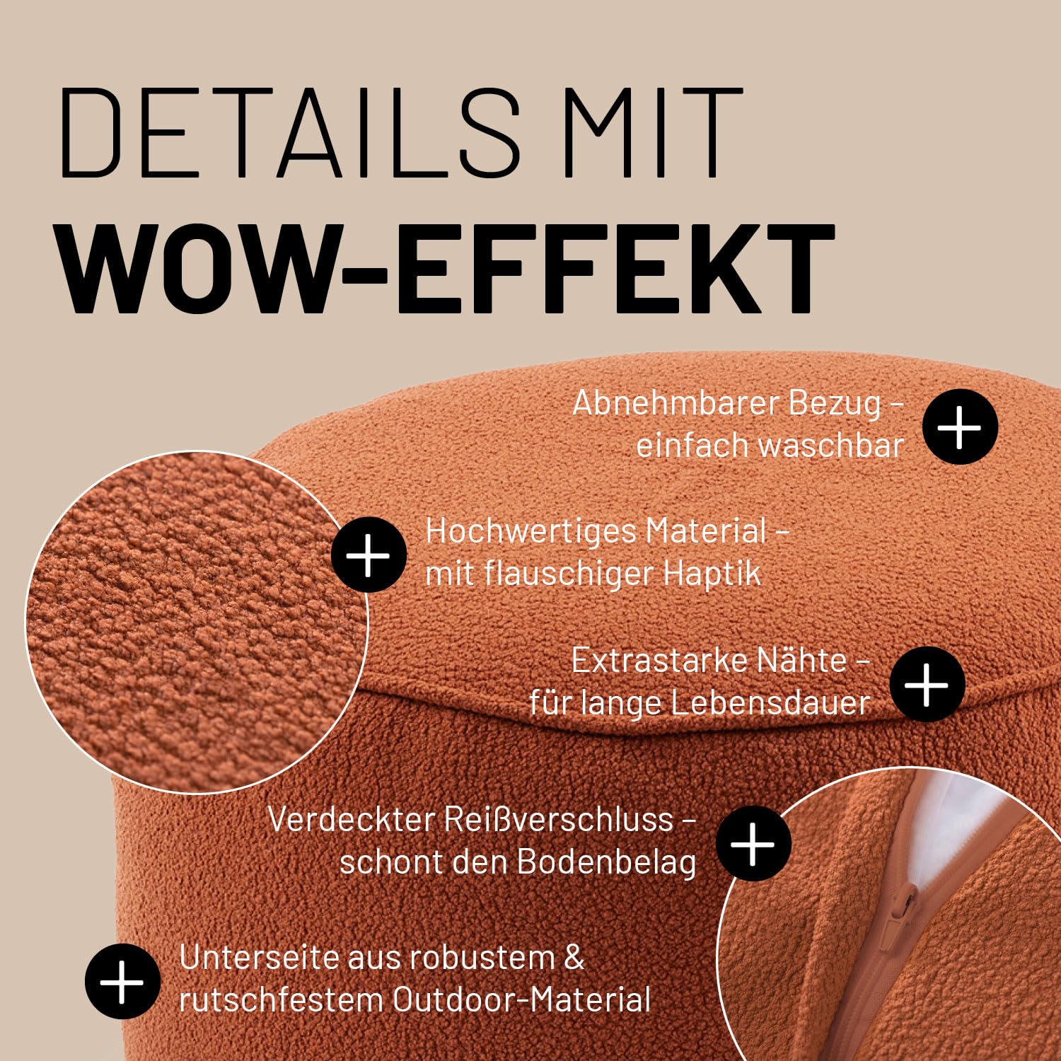 Lumaland Teddy Pouf Pouf, Sgabello Interno con Imbottitura, Poltrona Compatta con Perle in EPS, 3 in 1: Pouf, Tavolino e Poggiapiedi, Borsa per il Bean Bag, Piccolo e Soffice, Ø 25 x 45 cm, Terracotta