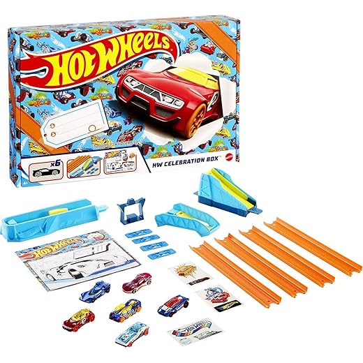 Hot Wheels HW Celebration Box Complete Starter Set with 6 1:64 Scale Cars, Track, Connectors, 4-Speed Launcher, Ramps, Activity Page & Stickers, Gift for Kids 4 Years Old & Up