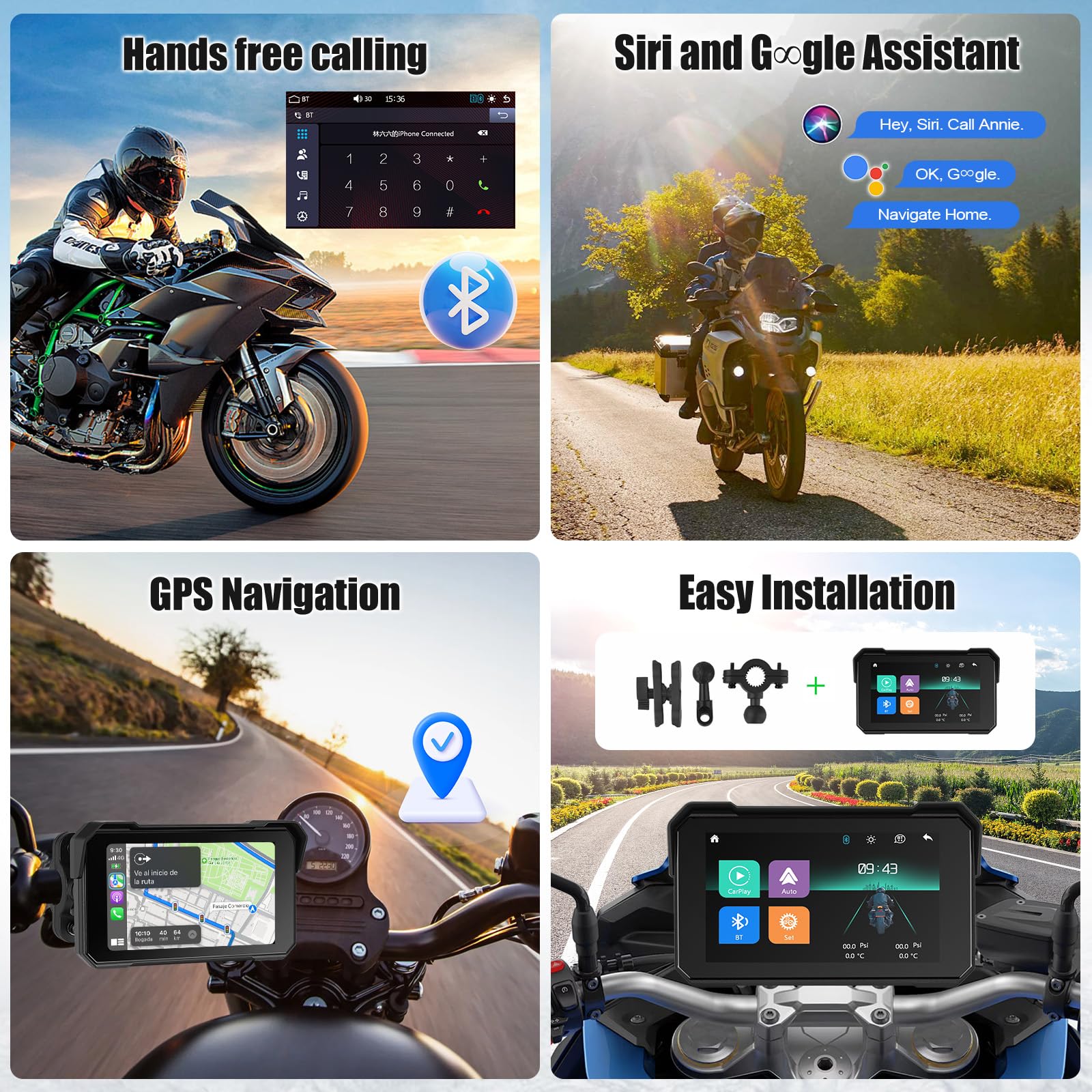 5 Inch Motorcycle Carplay GPS Navigation System with Carplay and Android Auto Portable Screen with Bluetooth, Navigation, Siri, Google Assistant（Not Inchluded TPMS） — view 6