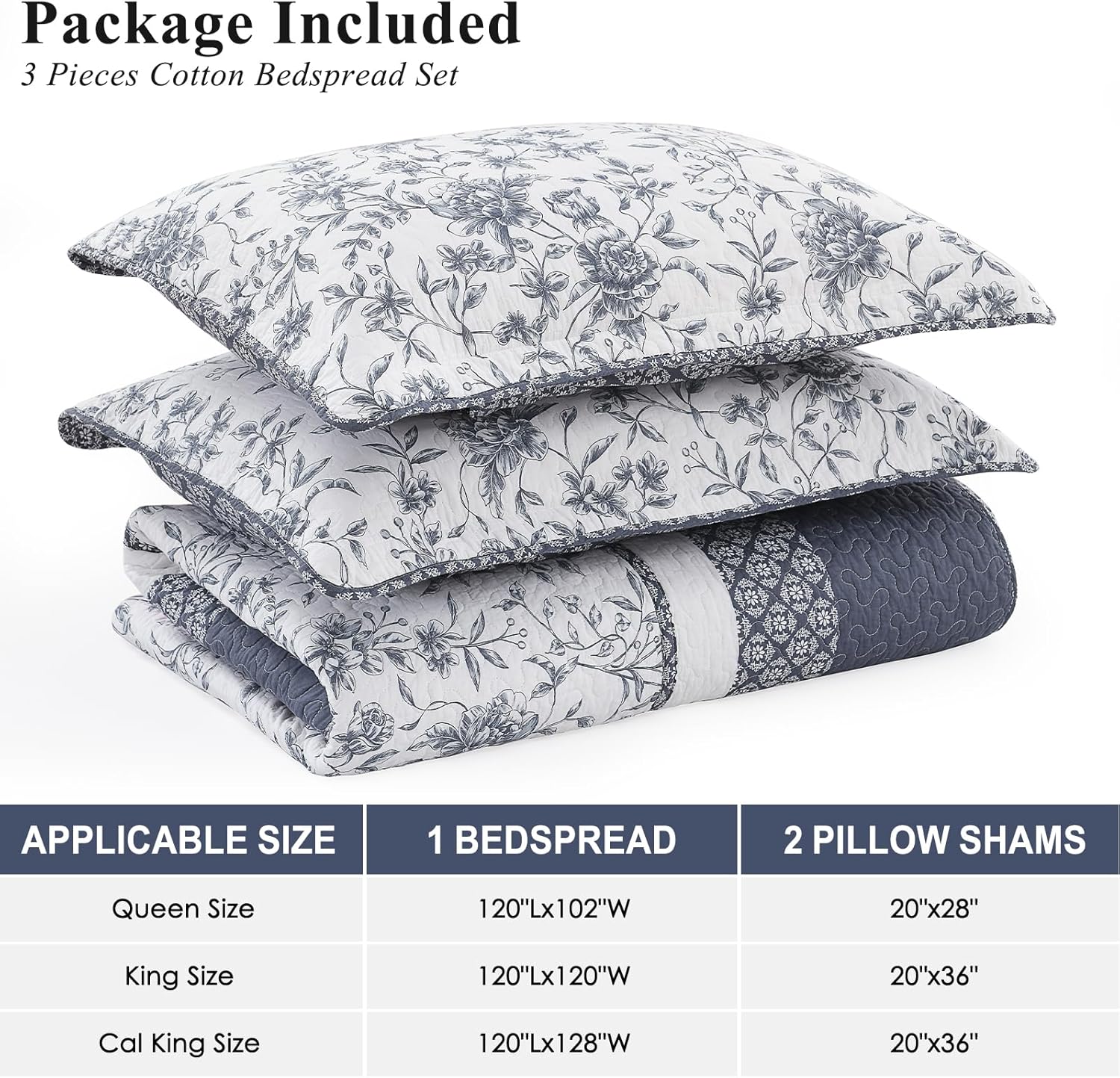 Oversized King Bedspreads 128x120 Extra Wide - Botanical Floral Farmhouse Reversible California King Quilt Set, 3-Piece Lightweight Thin Comforter, 100% Cotton, Cal King, Navy Blue/White - Image 4
