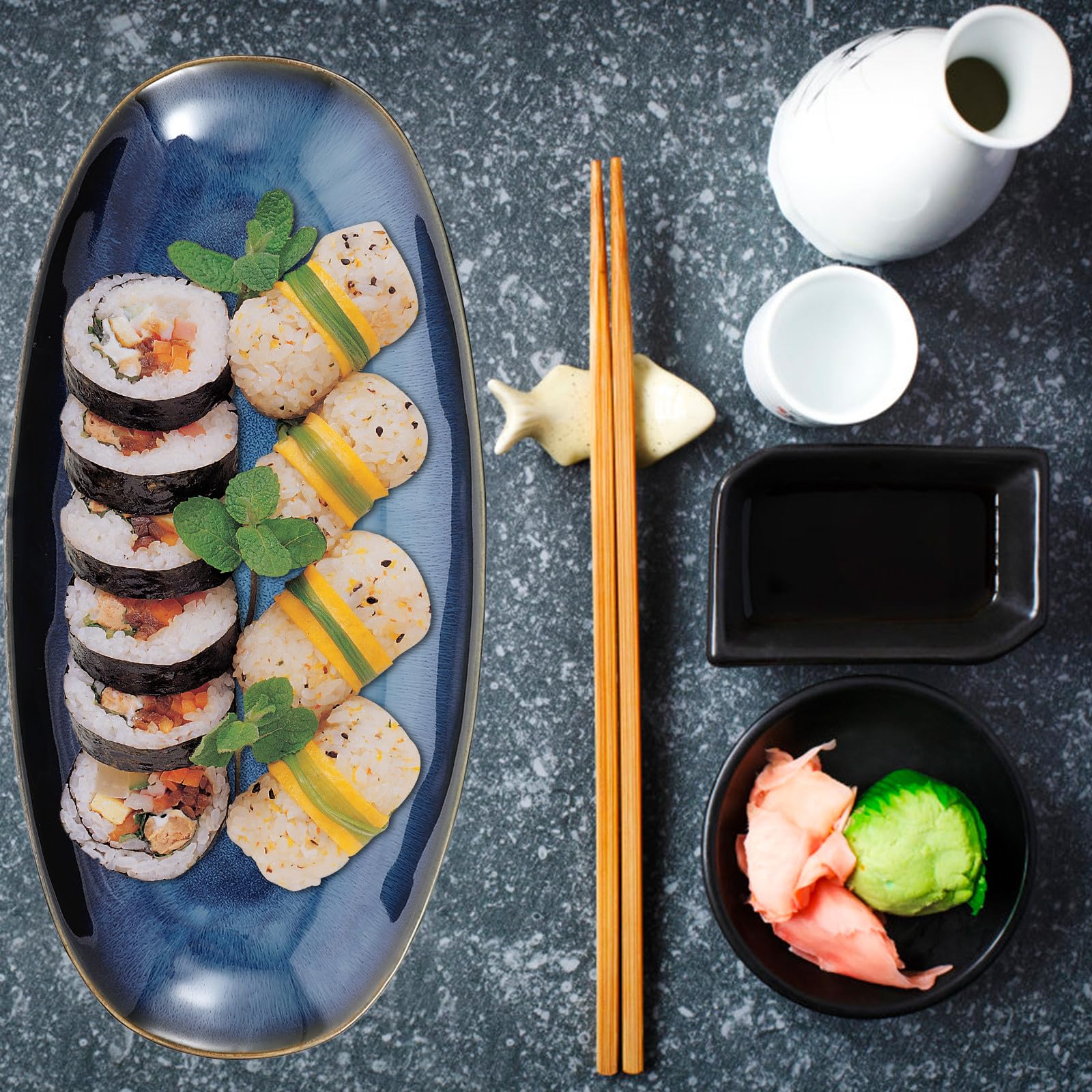 MAGICLULU Plateau à Sushis en Céramique Ovale Taille L Bleu pour Bars Restaurants Entrées Desserts Noix Fruits Secs