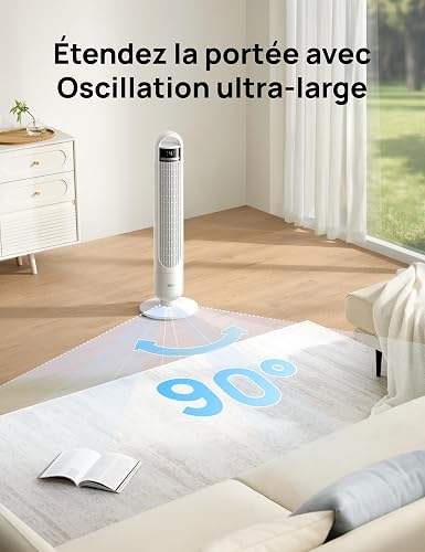 DREO Ventilateur Colonne Silencieux 23 dB pour Chambre, Couverture Max 9.8 m, Ventilateur Debout sans Lame, Oscillation 90°, 4 Vitesses, 3 Modes, Minuteur 8H, Affichage LED - 5