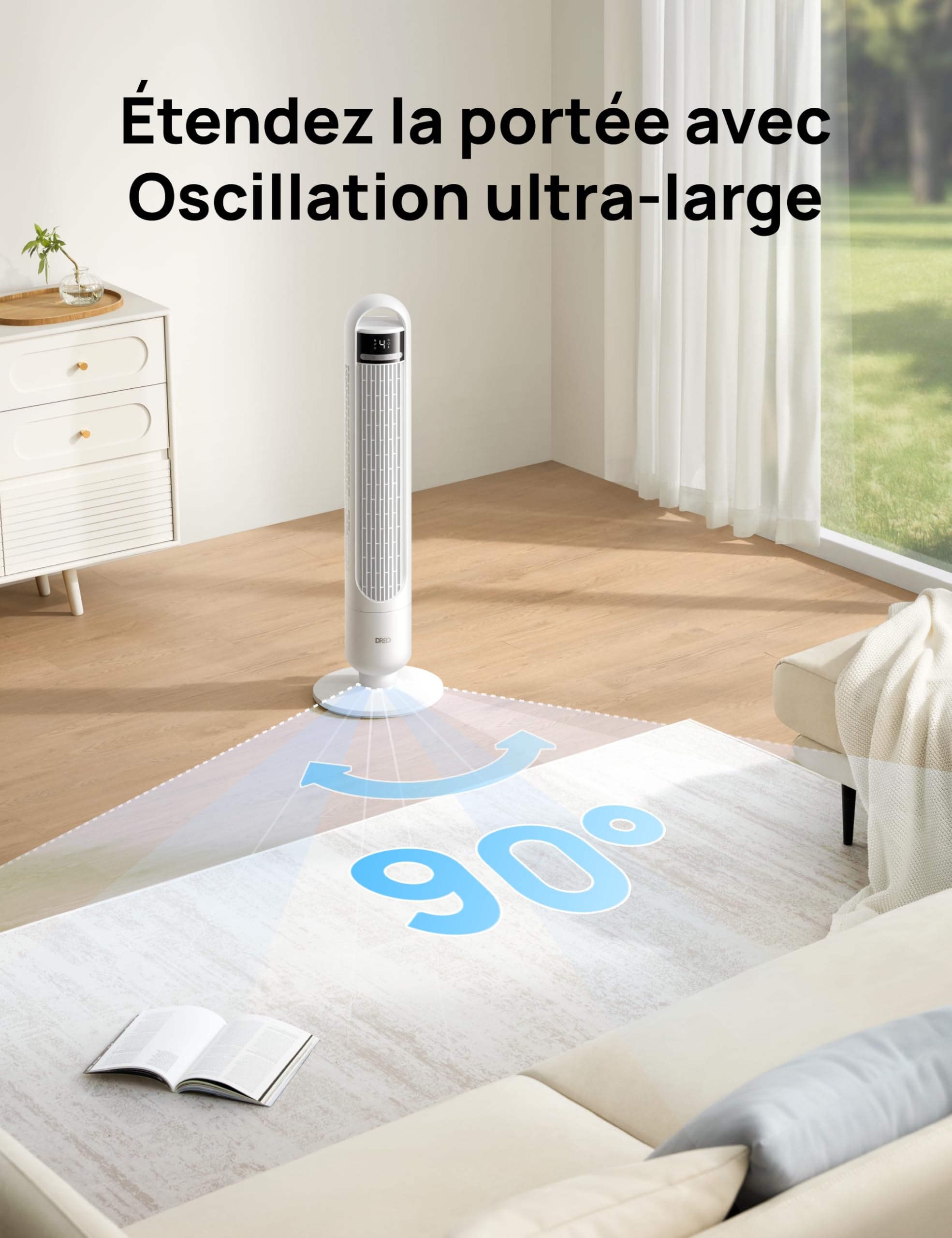 DREO Ventilateur Colonne Silencieux 23 dB pour Chambre, Couverture Max 9.8 m, Ventilateur Debout sans Lame, Oscillation 90°, 4 Vitesses, 3 Modes, Minuteur 8H, Affichage LED
