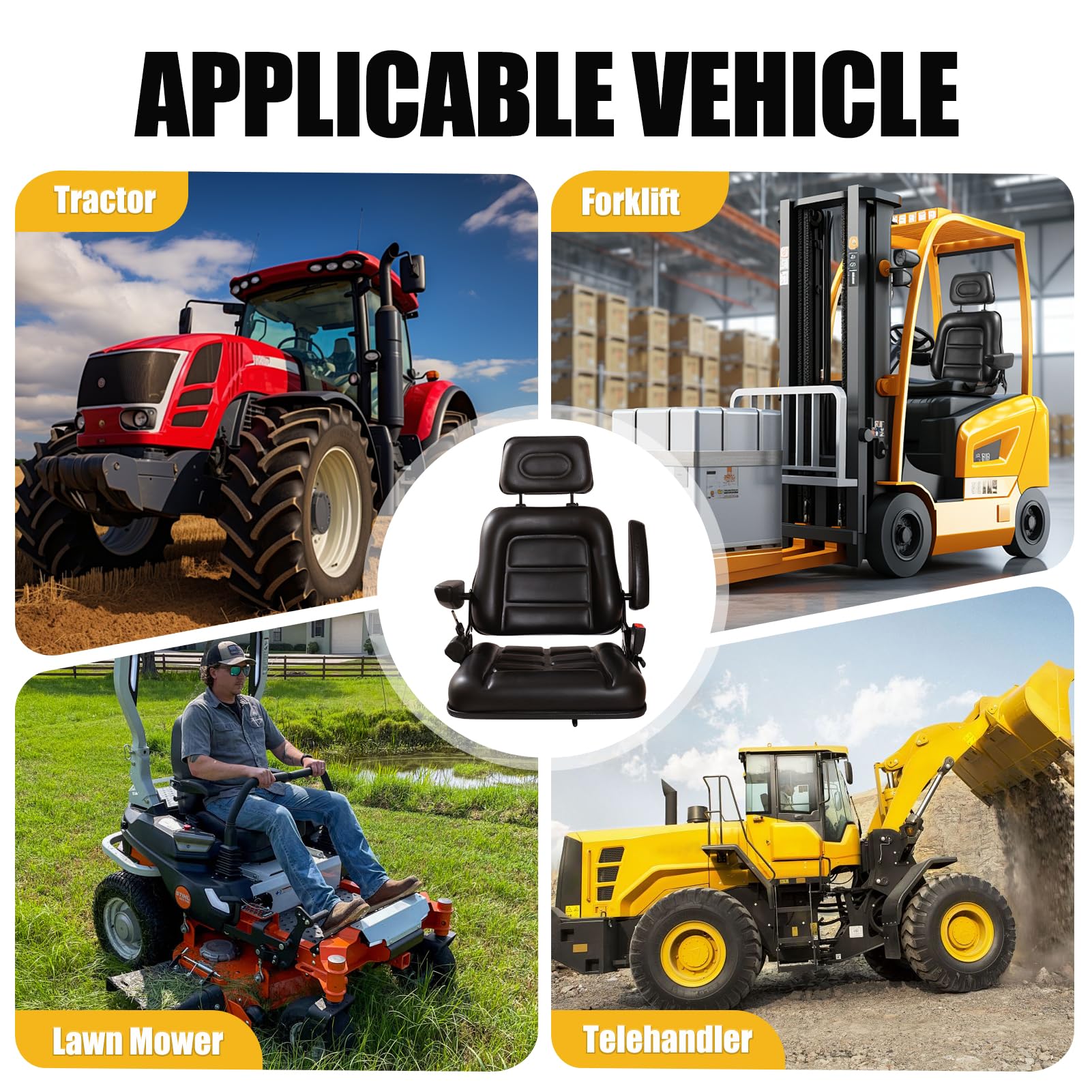 Siège universel pour chariot élévateur - Siège de tracteur avec bras et dossier réglable - Siège de tondeuse en polyuréthane étanche - Pour tracteur, pelleteuse, chariot élévateur, chargeuse