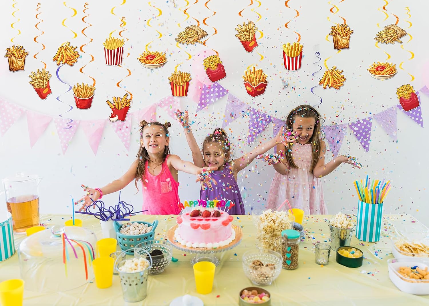 24 Pcs French Fries Hanging Swirls French Fries Party Decorations Double Sided Printing French Fries Ceiling Decorations for Fast Food French Fries Birthday Party Supplies