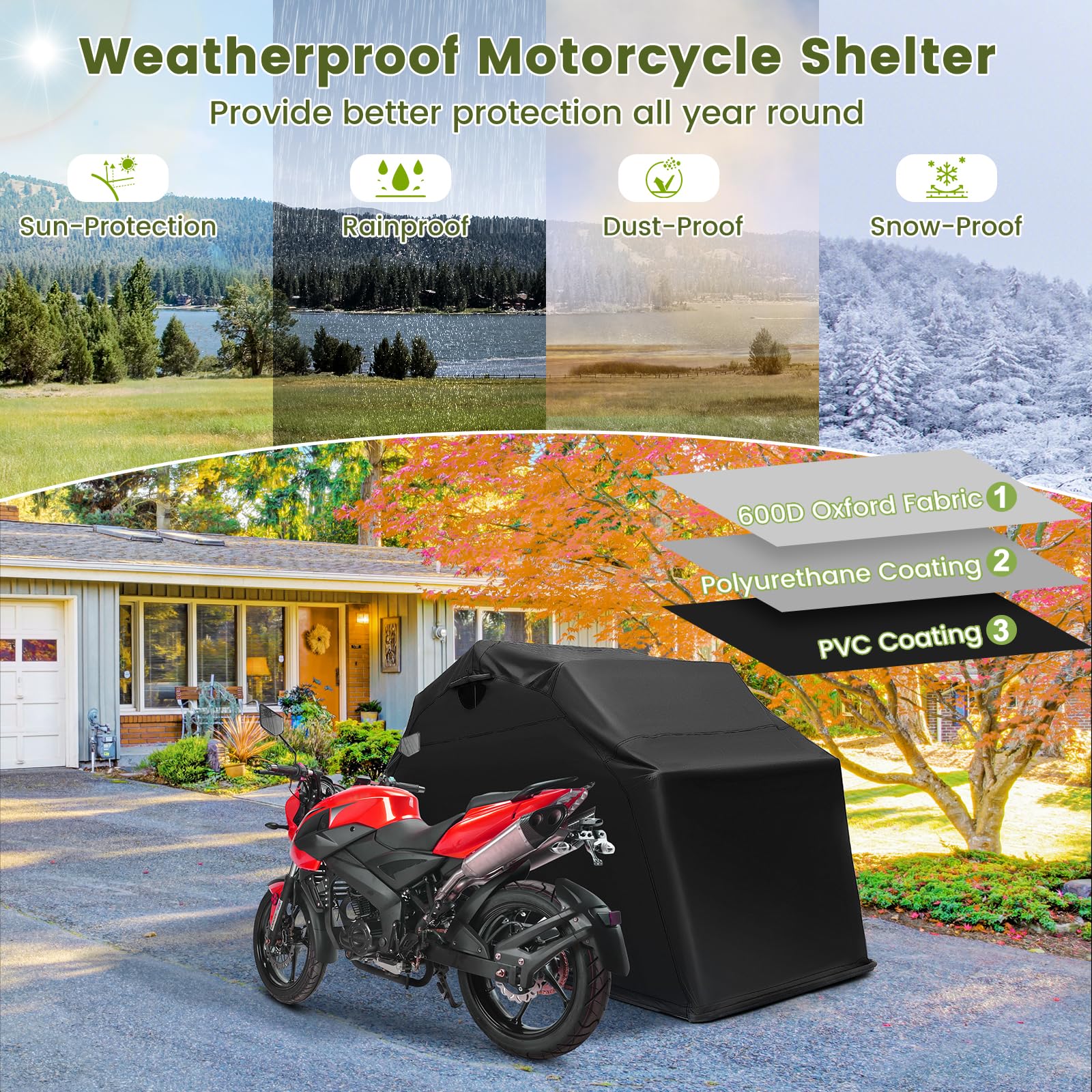 SOARS Abri de Jardin 342 X 137 X 193 CM, Housse Moto Exterieur en Tissu Oxford Imperméable, Base en Métal, Construction Stable, Fenêtre Enroulable, pour Moto, Velo, Jardin, Outils