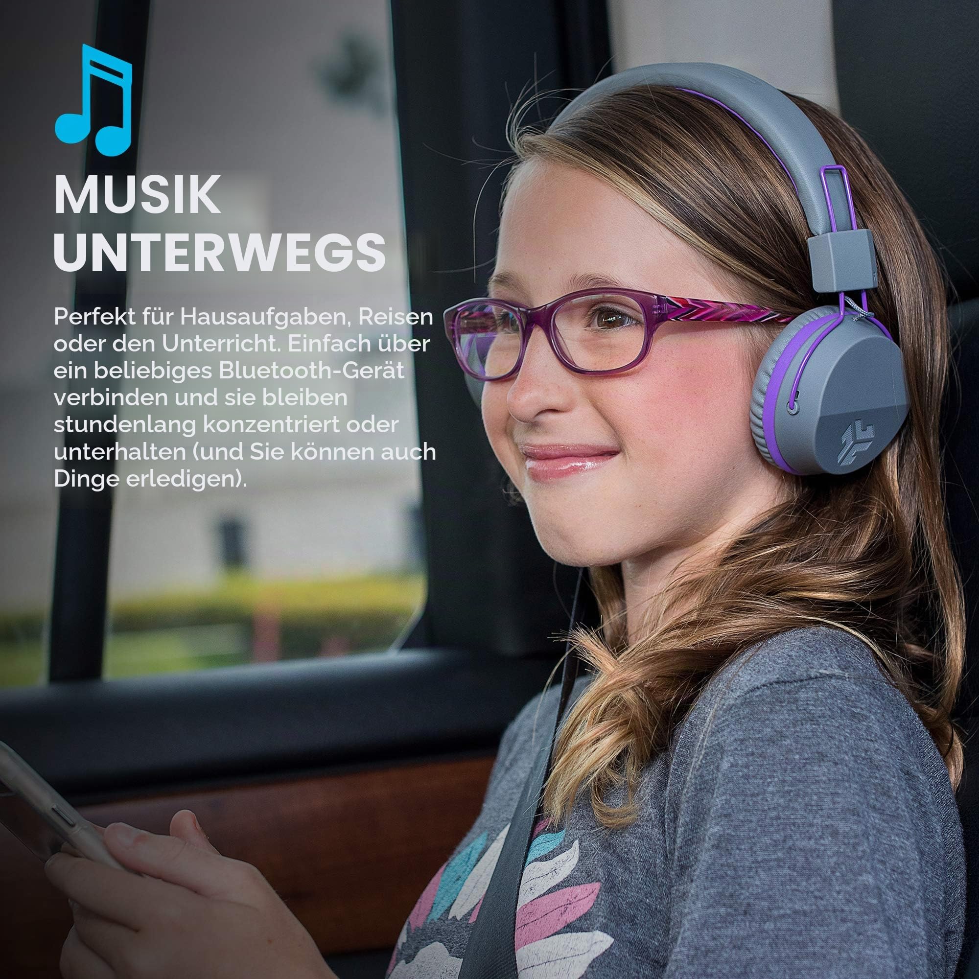 JLab Bluetooth Kopfhörer Kinder, JBuddies kopfhörer kabellos, Over Ear Kinder Kopfhörer mit mikrofon, 24 Std Akkulaufzeit, Kid Safe Lautstärkebegrenzung, und Geräuschisolierung, Grau/Lila