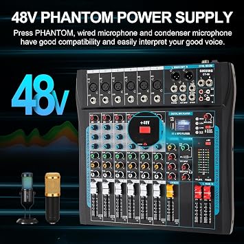Audio Mixer,6 Channel Mixer Board for Streaming, Professional Sounds Board Mixer with 16 DSP Effect, Usb Audio Interface and 48V Phantom Power Mixer, Stereo DJ Mixers for PC Recording/DJ stage