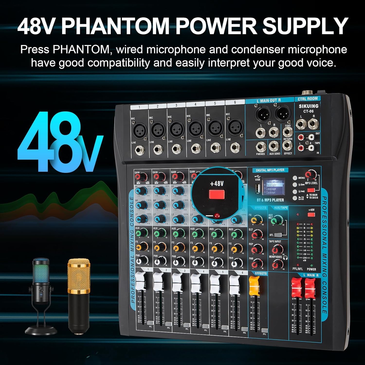 Audio Mixer Professionale a 6 Canali per Streaming Con Effetto 16 DSP, Interfaccia USB e Phantom Power da 48 V - Stereo DJ per PC Recording/DJ Palcoscenico