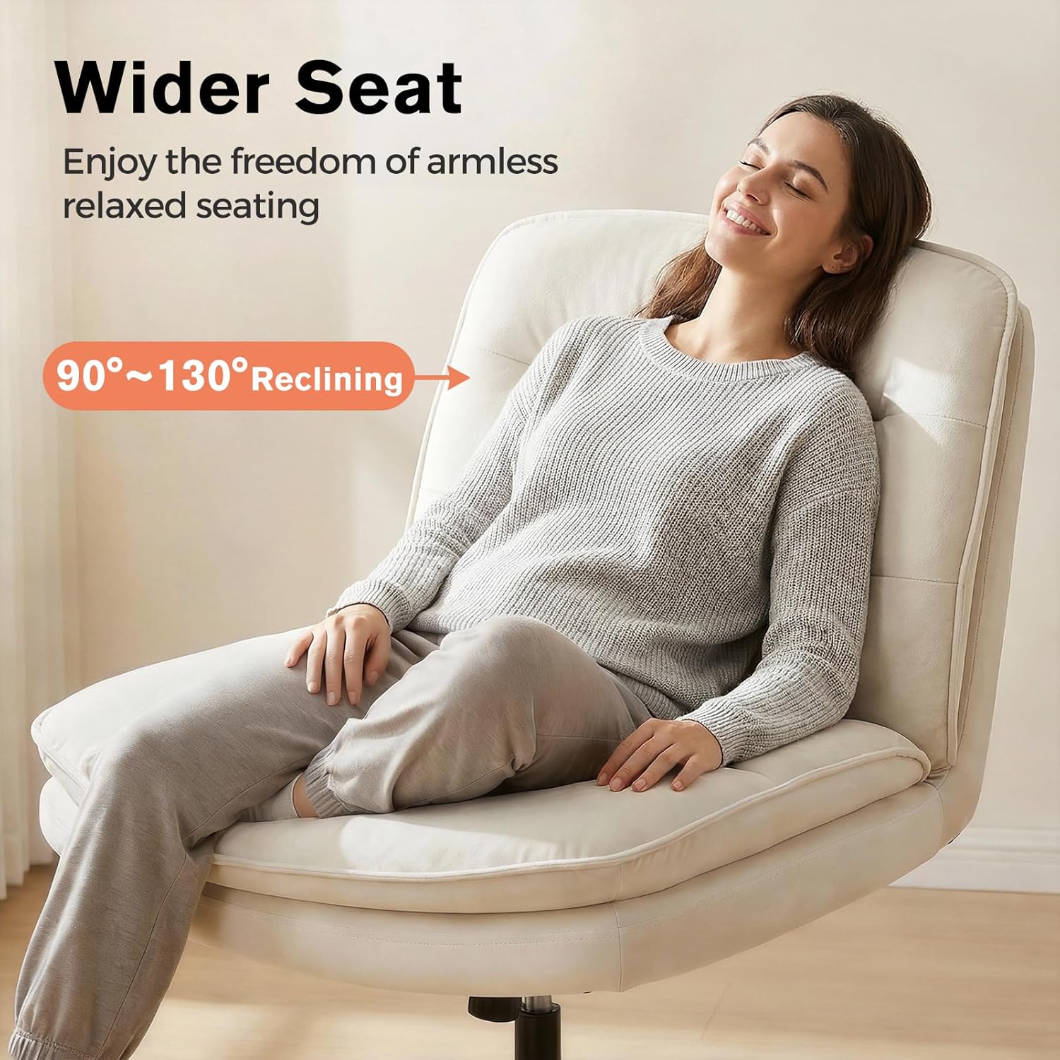 GTPLAYER Cross Legged Office Chair, Armless Desk Chair Cute Vanity Chair with Wheels Computer Chair Comfy Wide Office Chair Adjustable Swivel for Home Computer Task, Soft Velvet, Beige