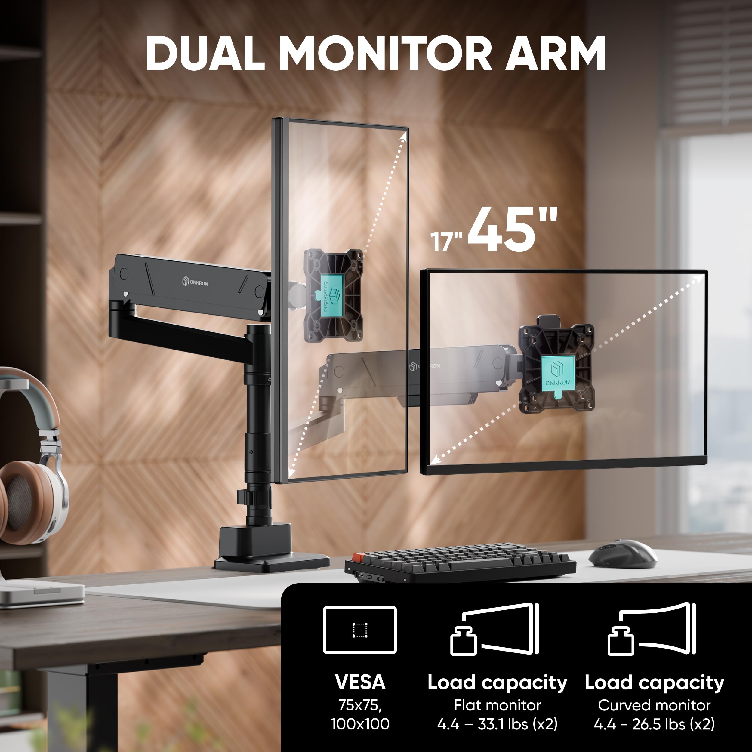 ONKRON Podwójne ramię monitora o przekątnej 13" do 32" - czarny kolor czarny uchwyt monitora na biurko 16 kg - Uchwyt na ekran PC z maks. VESA 100 x 100 - Uchwyt ekranu komputera biurkowego G140-B