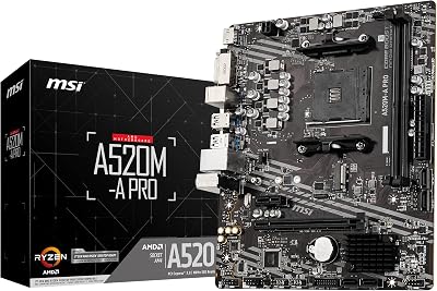 MSI A520M-A PRO Motherboard mATX – Supports AMD Ryzen 3rd Gen Processors, AM4, DDR4 Boost (4600MHz/OC), 1 x PCIe 3.0 x1, 1 x M.2 Gen3 x4, Gigabit LAN