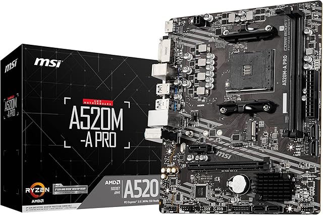 MSI A520M-A PRO Motherboard mATX - Supports AMD Ryzen 3rd Gen Processors, AM4, DDR4 Boost (4600MHz/OC), 1 x PCIe 3.0 x1, 1 x M.2 Gen3 x4, Gigabit LAN