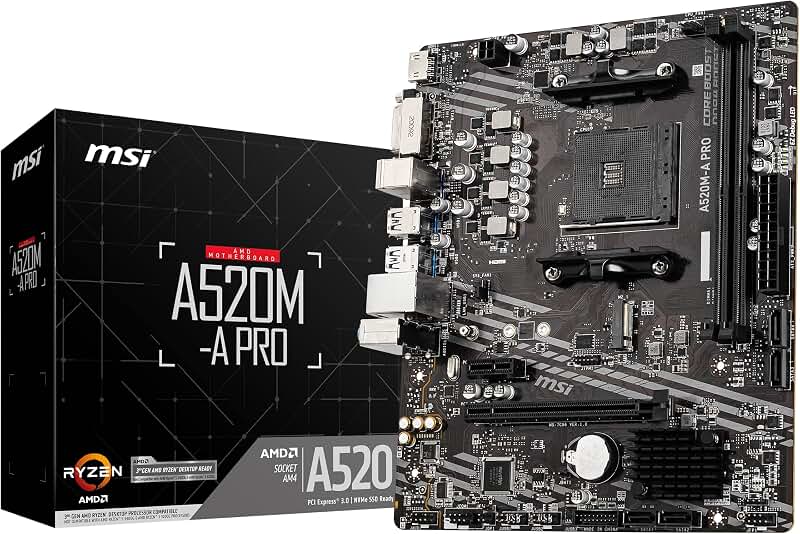 MSI A520M-A Pro Carte-mère Micro-ATX, AM4 | Pour AMD Ryzen 3è gén, DDR4 Boost (4600MHz/OC), 1 x PCIe 3.0 x1, 1 x M.2 Gen3 x4, Gigabit LAN