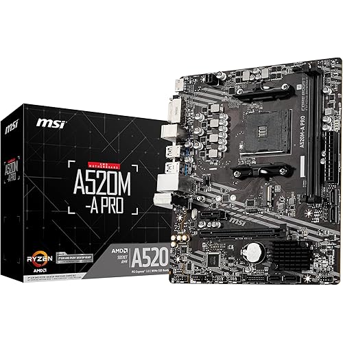 MSI A520M-A PRO V1 Gaming Motherboard (AMD Ryzen 5000, AM4, DDR4, PCIe 3.0, SATA 6Gb/s, M.2, USB 3.2 Gen 1, DVI/HDMI, Micro-ATX)