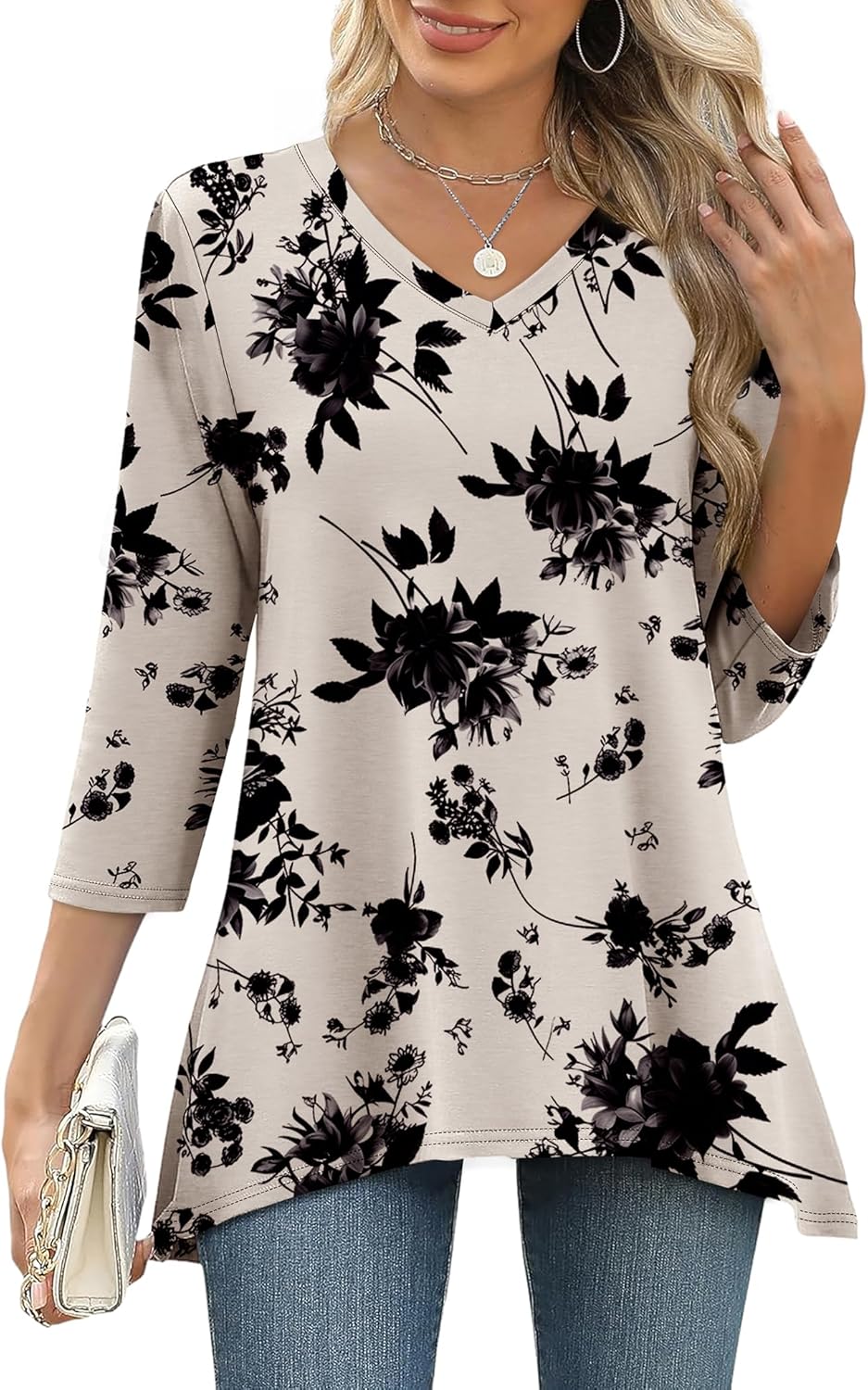 WIHOLL 3/4 Sleeve Tunic Tops for Women Loose Fit Dressy Casual Blouses V Neck T Shirts with Asymmetrical Hem S-3XL