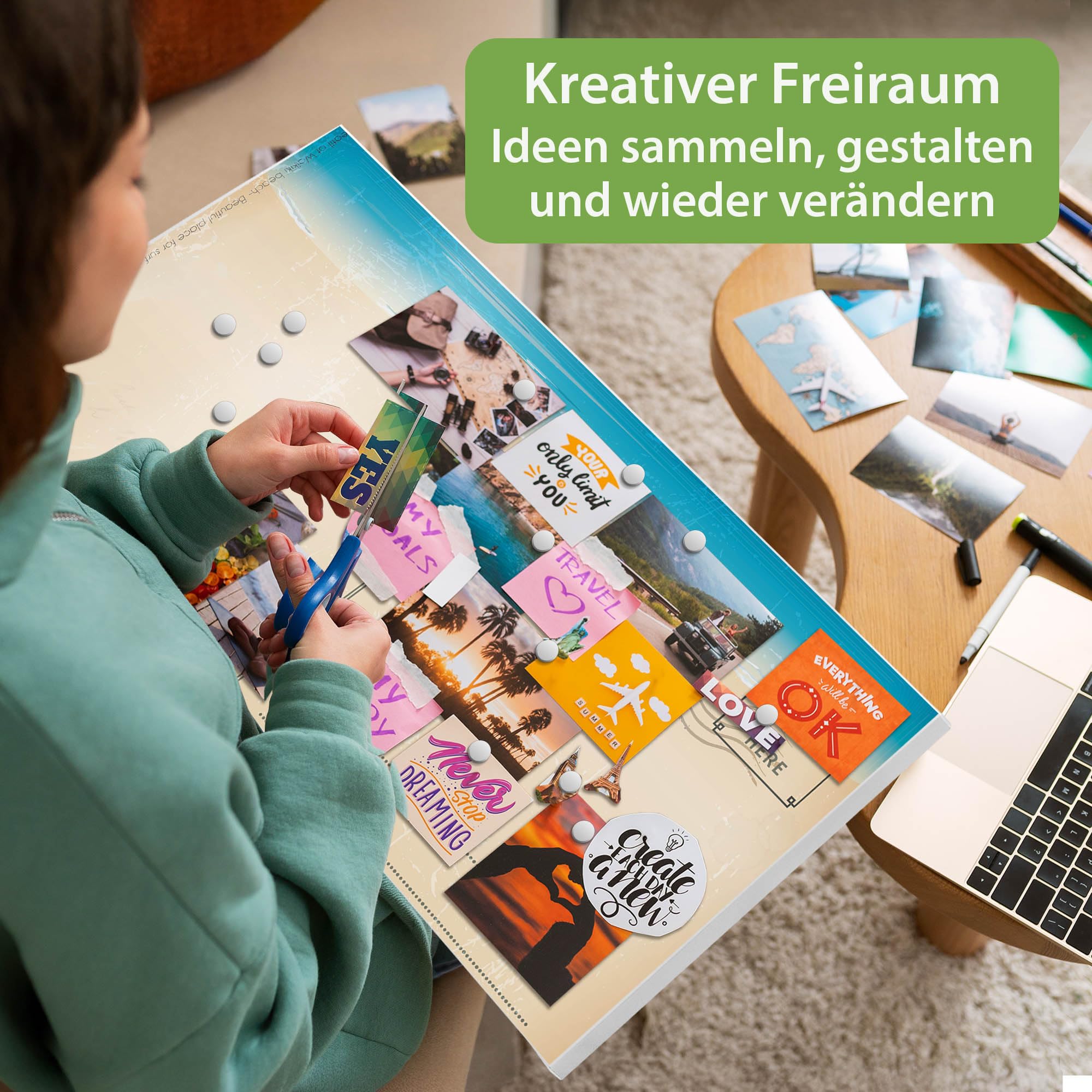 banjado Magnettafel Metall 78 x 37cm - beschreibbare Magnettafel - Metall Pinnwand als Memoboard - Magnetwand Küche, Büro, Kinderzimmer Weiß inkl. 4 Magnete & Montageset - Motiv Postkarte