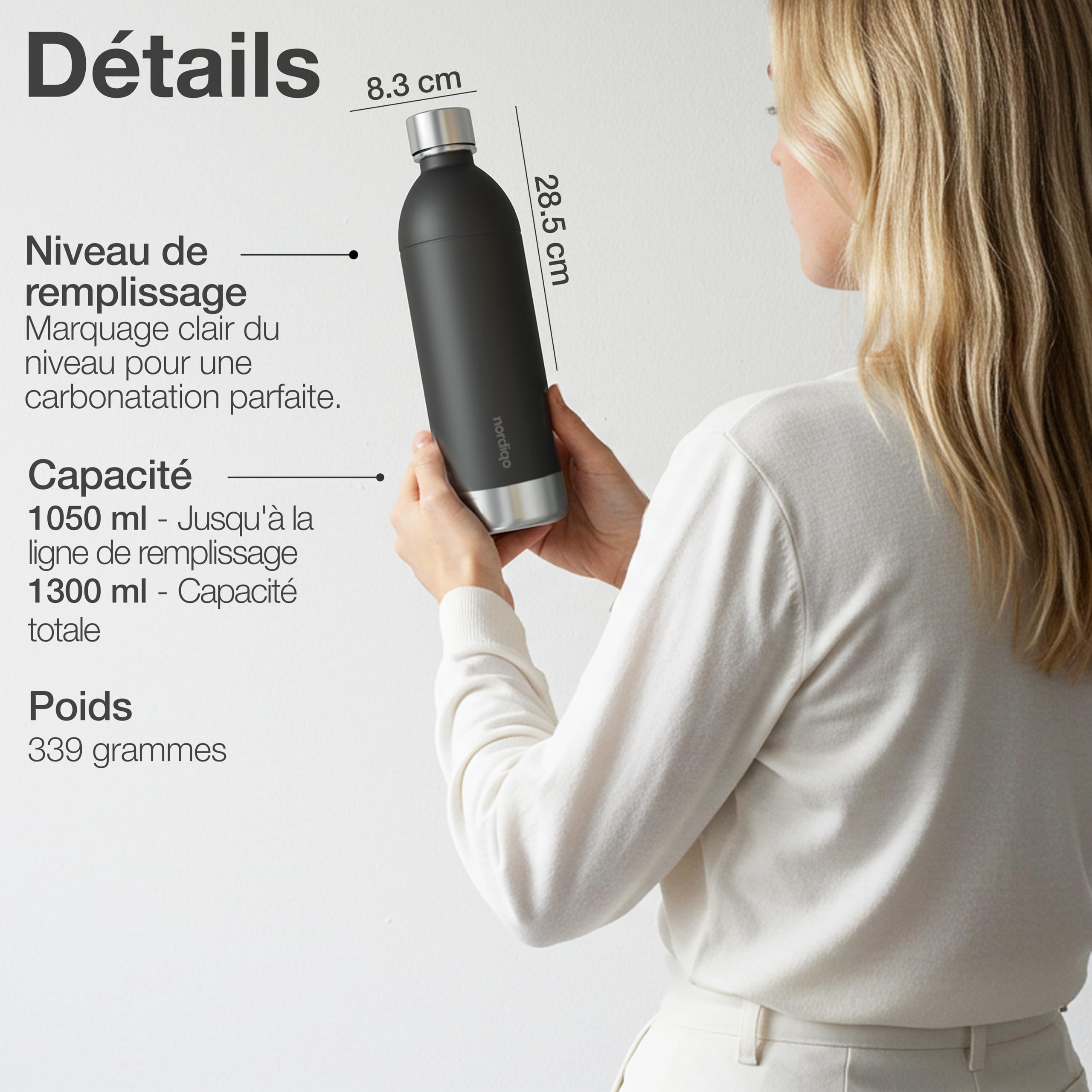 1300ml Bouteille en Acier Inoxydable pour Aarke Carbonator 3 & SMEG (Non Pro) - Étanche, Sans Plastique - Sans Date Limite, Lignes de Remplissage Intérieur & Extérieur - 2 x Noir Mat