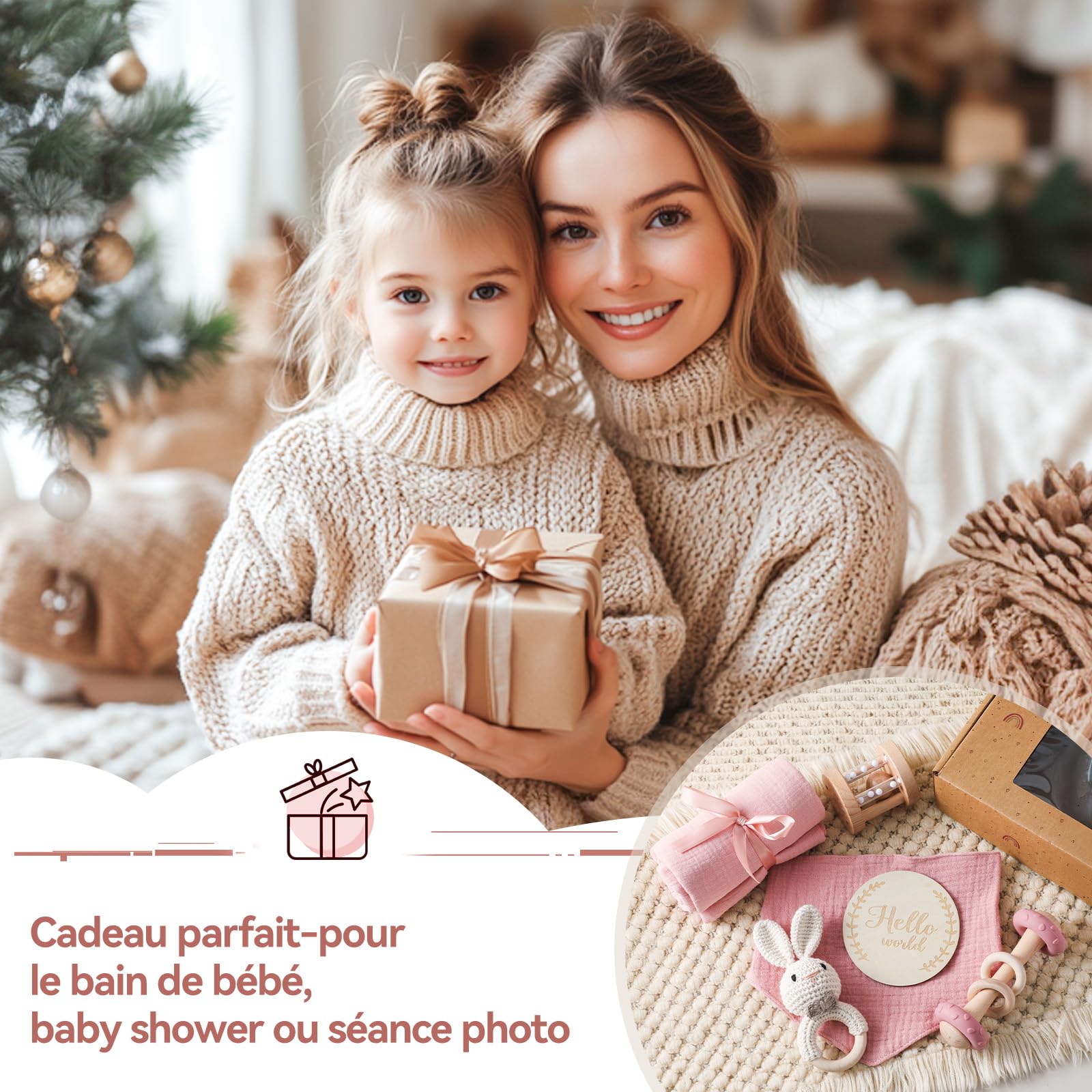 Cadeau pour nouveau-né, 6 pièces, pour bébé fille garçon – Serviettes de bain, bavoirs, jouets en bois, hochet lapin au crochet et cartes de jalons, emballage cadeau (rose)