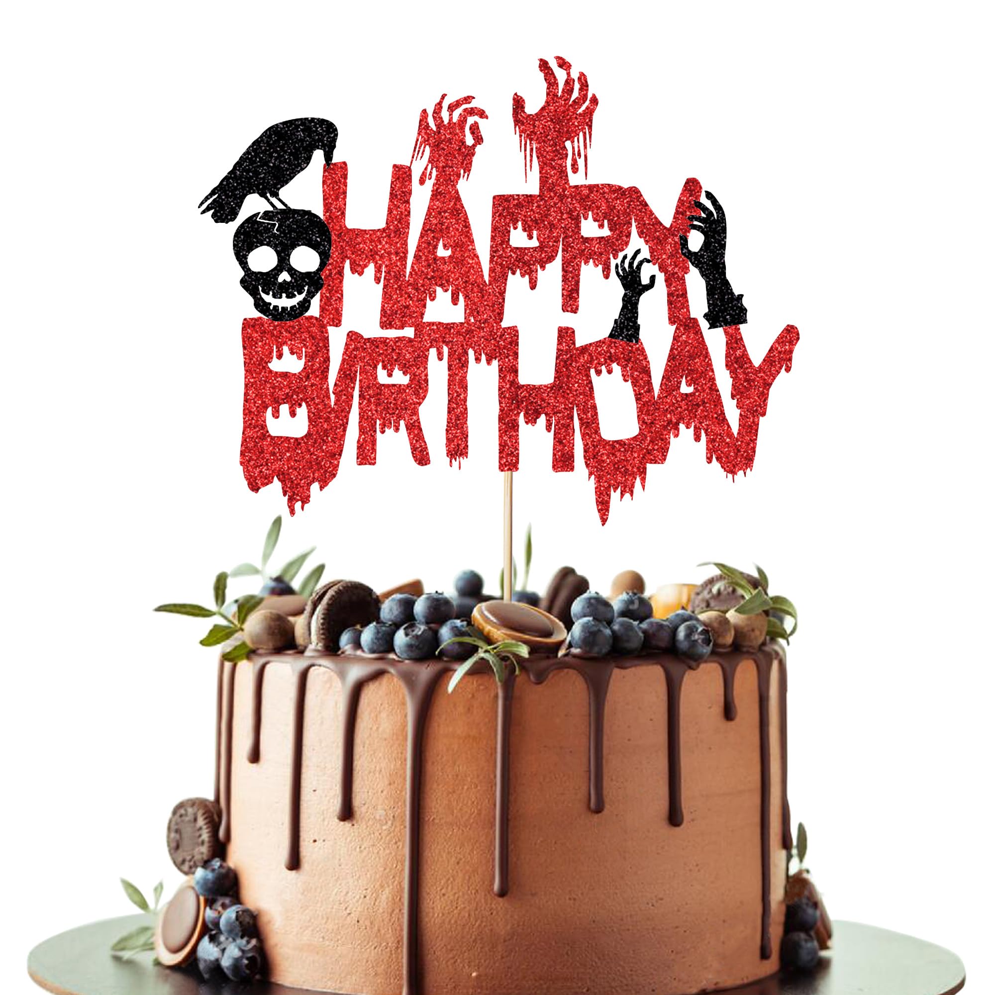 Leetaivie Halloween Happy Birthday Cake Topper, Skeleton Bloody Zombie Hands Themed Birthday Party Cake Decorations