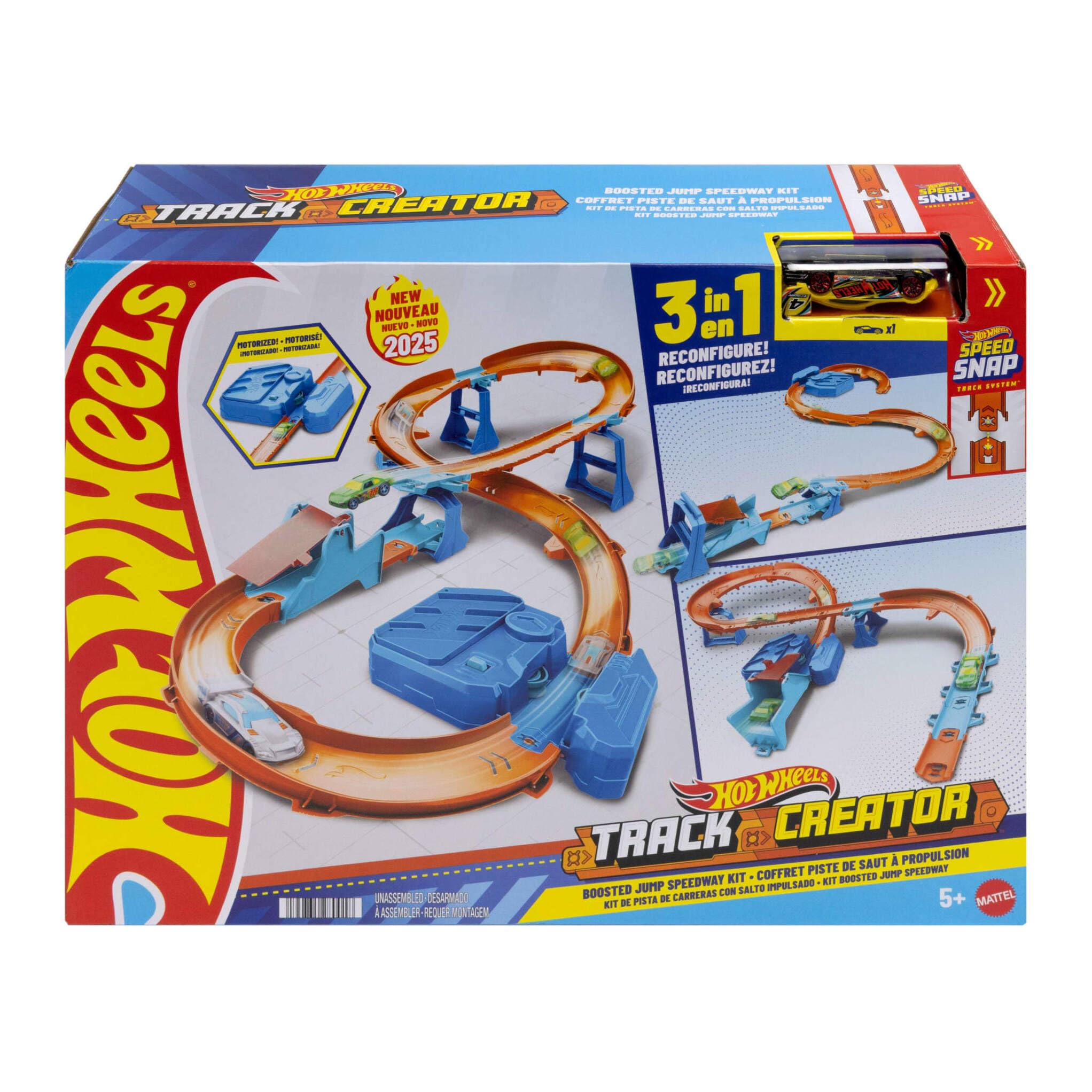 Hot Wheels Circuito Supersalto Conjunto de pista con coche de juguete, caja de construcción exclusiva con propulsor motorizado, vehículo a escala 1:64 y pista Speed Snap, JDB49