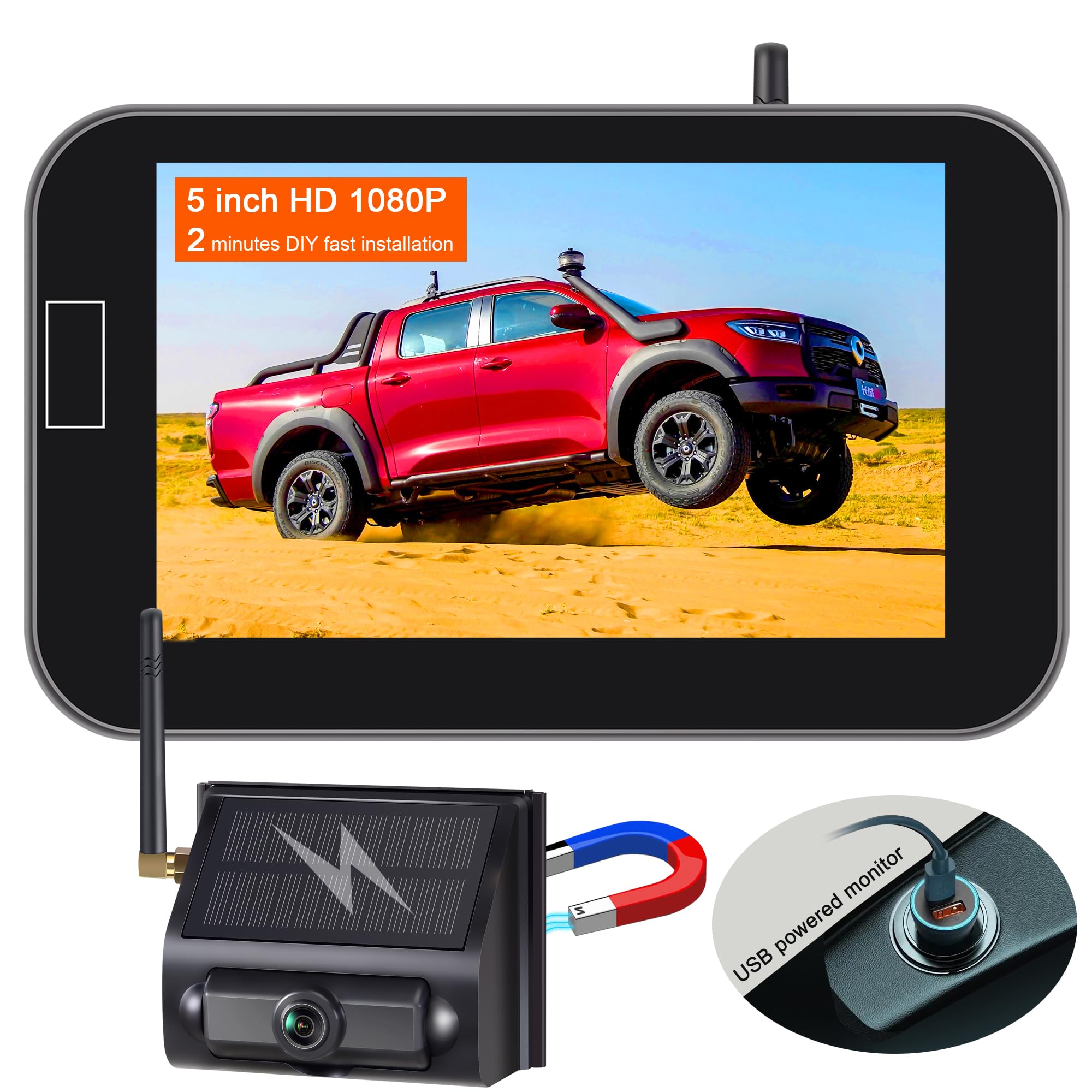 YIMUSolar-Powered Wireless Backup Camera for Trailers with Strong Magnetic - Portable, Cordless, Scratch-Resistant RV Backup Camera Wireless with Monitor 5",Gesture ON/Off,Rechargeable HD 1080P YM501