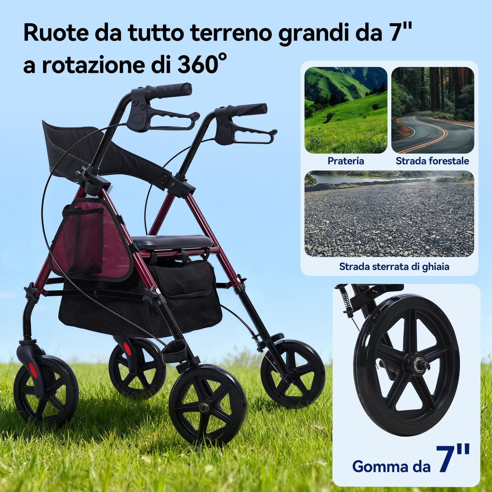 R4 deambulatore pieghevole con seduta, girello per anziani,altezza regolabile in 5 livelli su sedile e maniglie, Deambulatori a 4 ruote, Con borsa della e freni, portata max 100KG (R4-2)