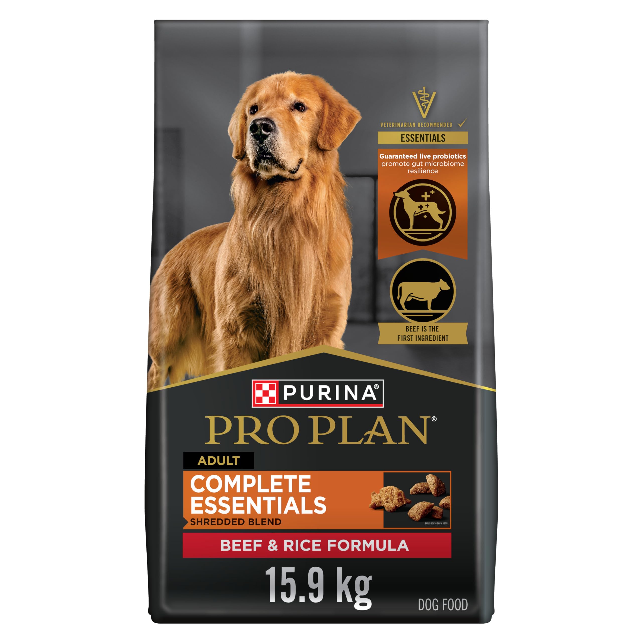 Purina Pro Plan Complete Essentials Dry Dog Food, Shredded Blend Beef & Rice - 15.9 kg Bag