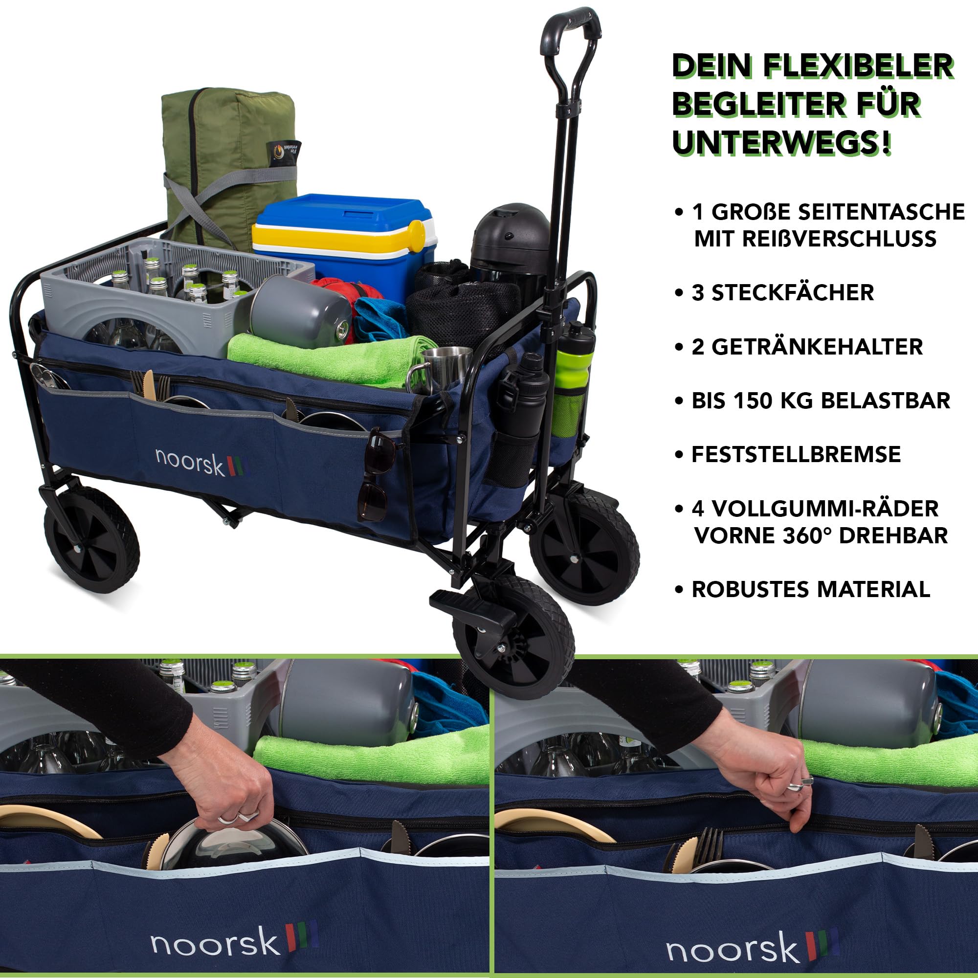 noorsk Faltbarer Bollerwagen - Klappbarer Transportwagen mit Vollgummi-Rädern - Robuster Handwagen für Garten, Ausflüge & Einkäufe - Platzsparend & vielseitig einsetzbar - Blau