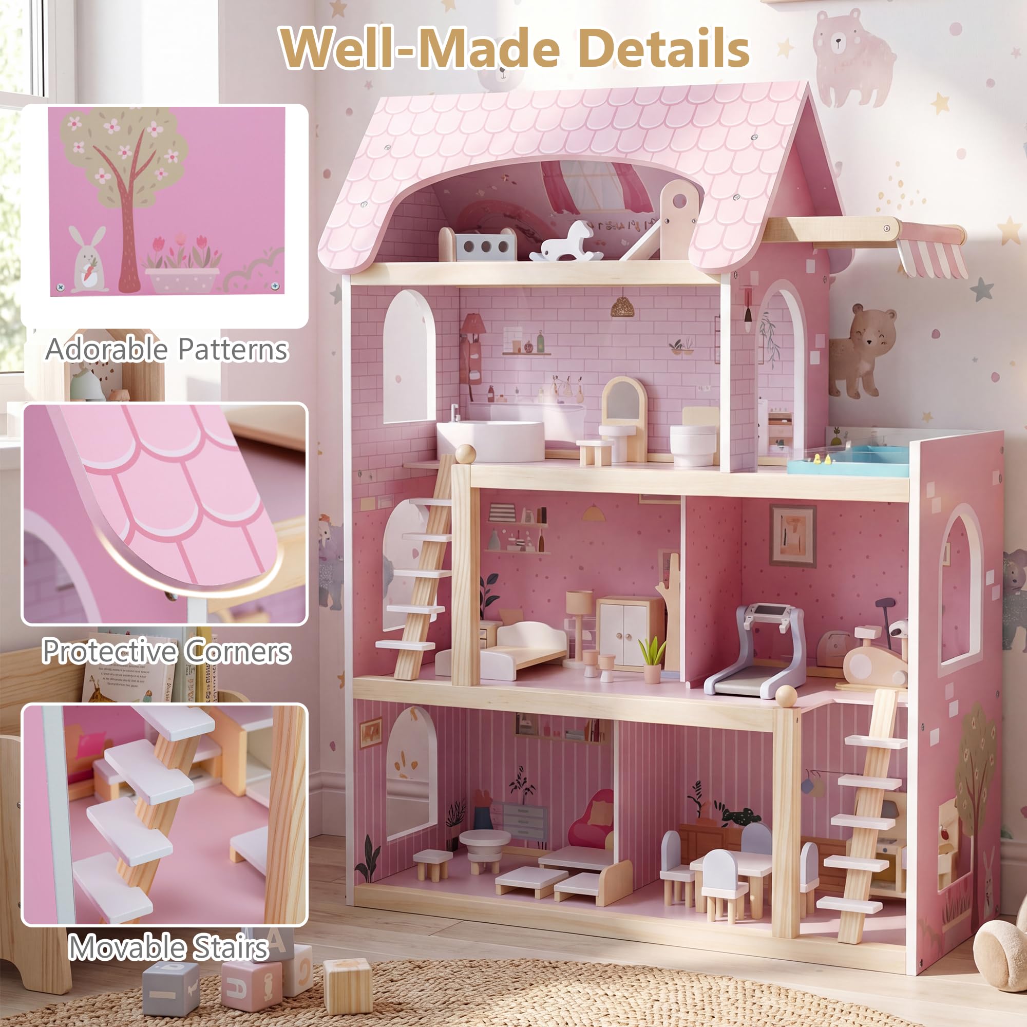 HOMASIS Puppenhaus inkl. komplettem Möbeln & Zubehör, Bunt Puppenstube Holz, Puppenvilla mit 3 Etagen & vielen Zimmern, Dollhouse für Mädchen, Traumvilla für Kinder ab 3 Jahren (Modell 5, Rosa)