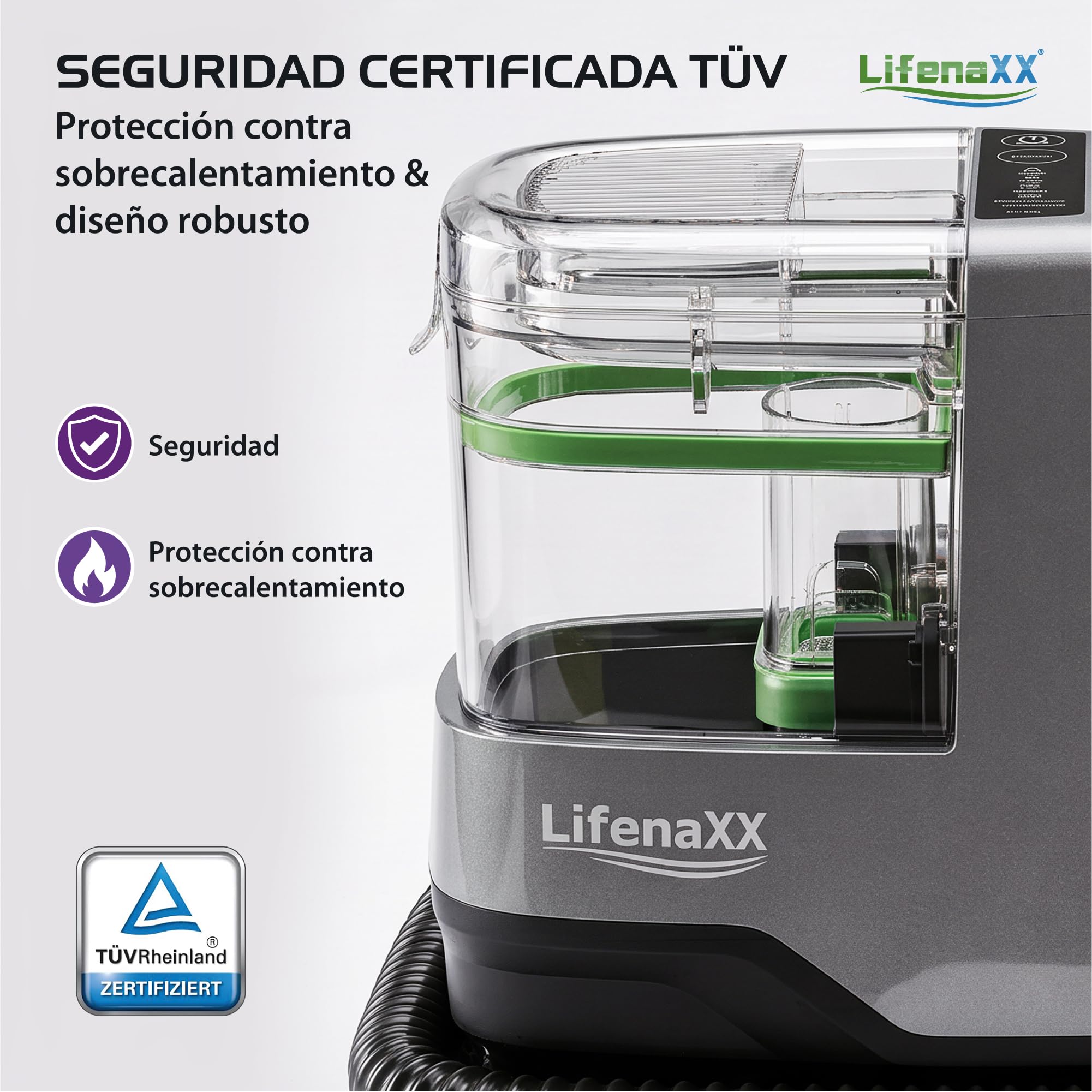Lifenaxx Limpiador de Vapor para Tejidos 1800W Pro LX-069 | Sistema de Limpieza a Vapor con Potente Succión | Limpieza Profunda para Tapicerías, Colchones y Alfombras | Doble Depósito, 8 Accesorios