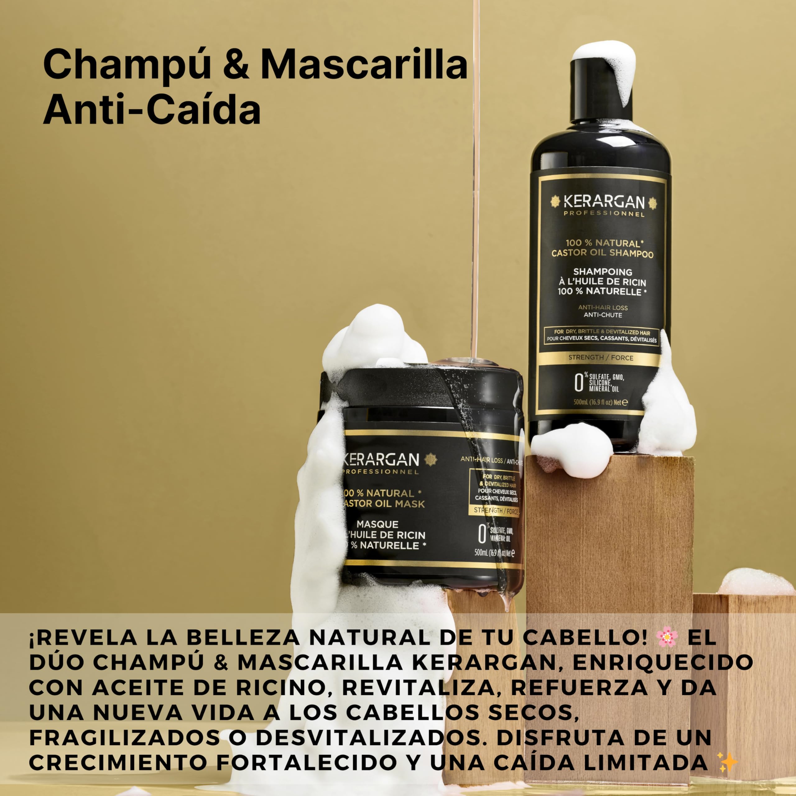 Kerargan - Dúo Anti-Caída Champú & Mascarilla con Aceite de Ricino para Cabello Seco, Debilitado, Desvitalizado - Impulsa el Crecimiento - Sin Sulfatos, Silicona, GMO - 2x500 ml